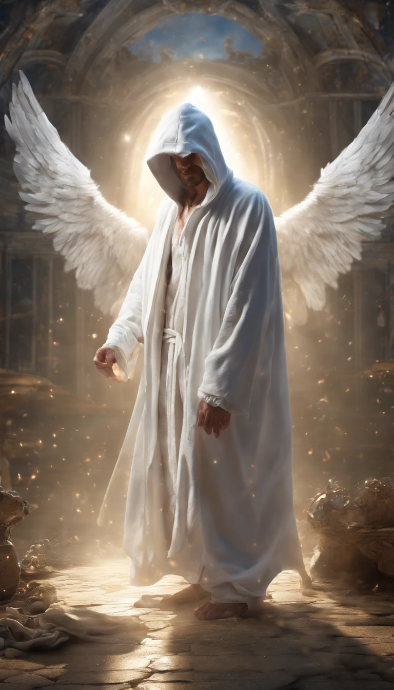 Logic defying and captivating man in angelic lighting wearing a white hooded robe, back turned towards the camera, bright divine background, highly detailed clothes, uhd, 8k, highres, beams of light, majestic