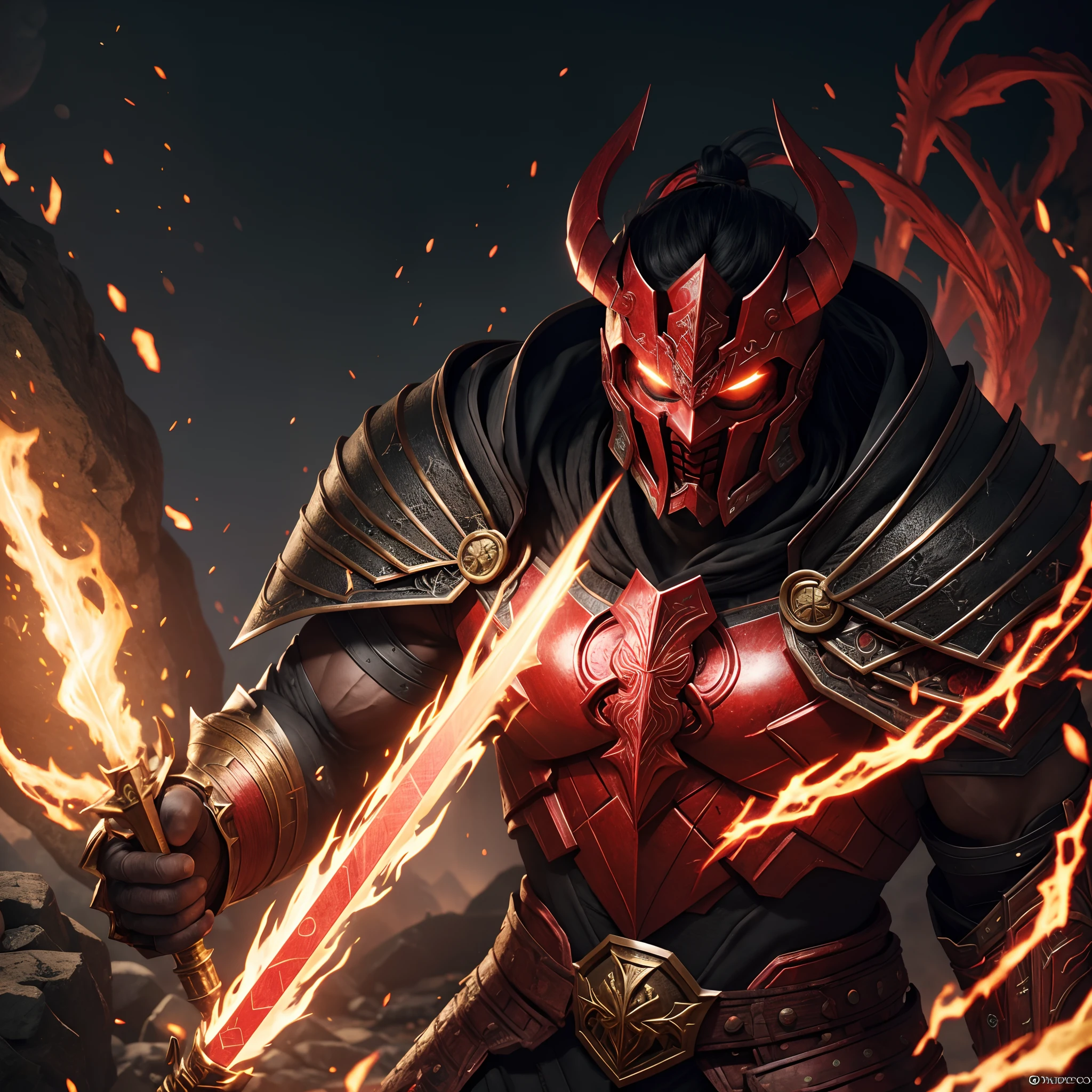 demon spartan muscle warrior in black fire magic armor red and , magic face armor red runes, ancient wizard use, golden and red cape, sharp lenses, professional photography, 70mm lenses, love for details, good quality, unreal engine 5, wallpaper, colorful, highly detailed , 8k, soft light, photo realistic