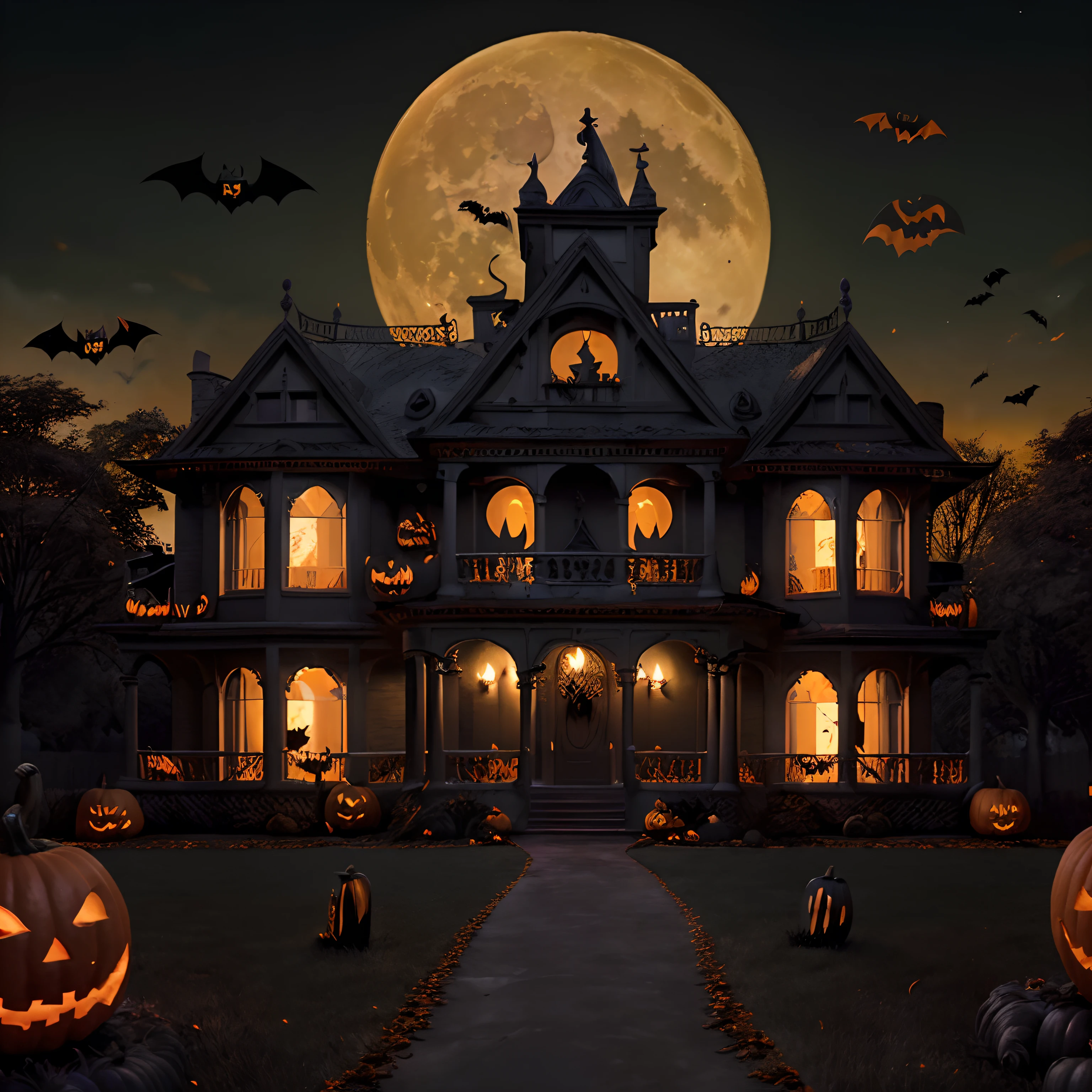 (ultra detailed , 8k) (Halloween theme) (detailed faces) a classic halloween looking house with a yellow moon in the distance and bats flying. Orange and black color theme , Halloween themes (perfect detail , high quality, attention to detail)