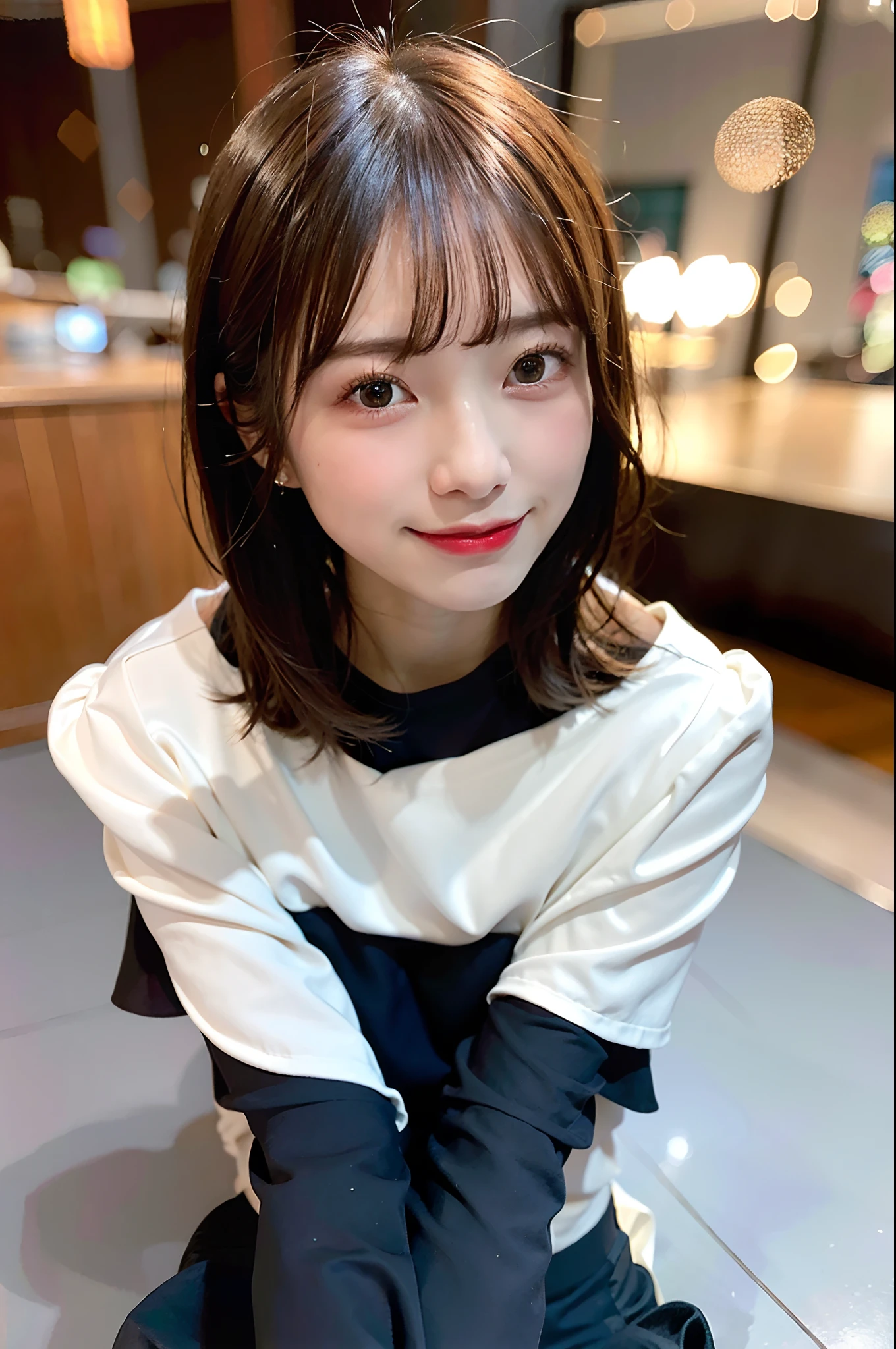 (top-quality、8K、32K、masuter piece、nffsw:1.2)、profile、(slim figure:1.2)、(s lips) 、age19、(Short bob hair:1.3)、Cosplay、二重まぶた、shinny skin、Realistic rays、mare、beauitful face、(A smile:1.3)、crouching down、(From above:1.2)、(a closeup:1.4)、blurry backround、(Front Focus)、(Dark: 1.6)、Fantasy Art、photoRealstic、Professional Lighting、extra detailed face、Award-winning、deep-shadows