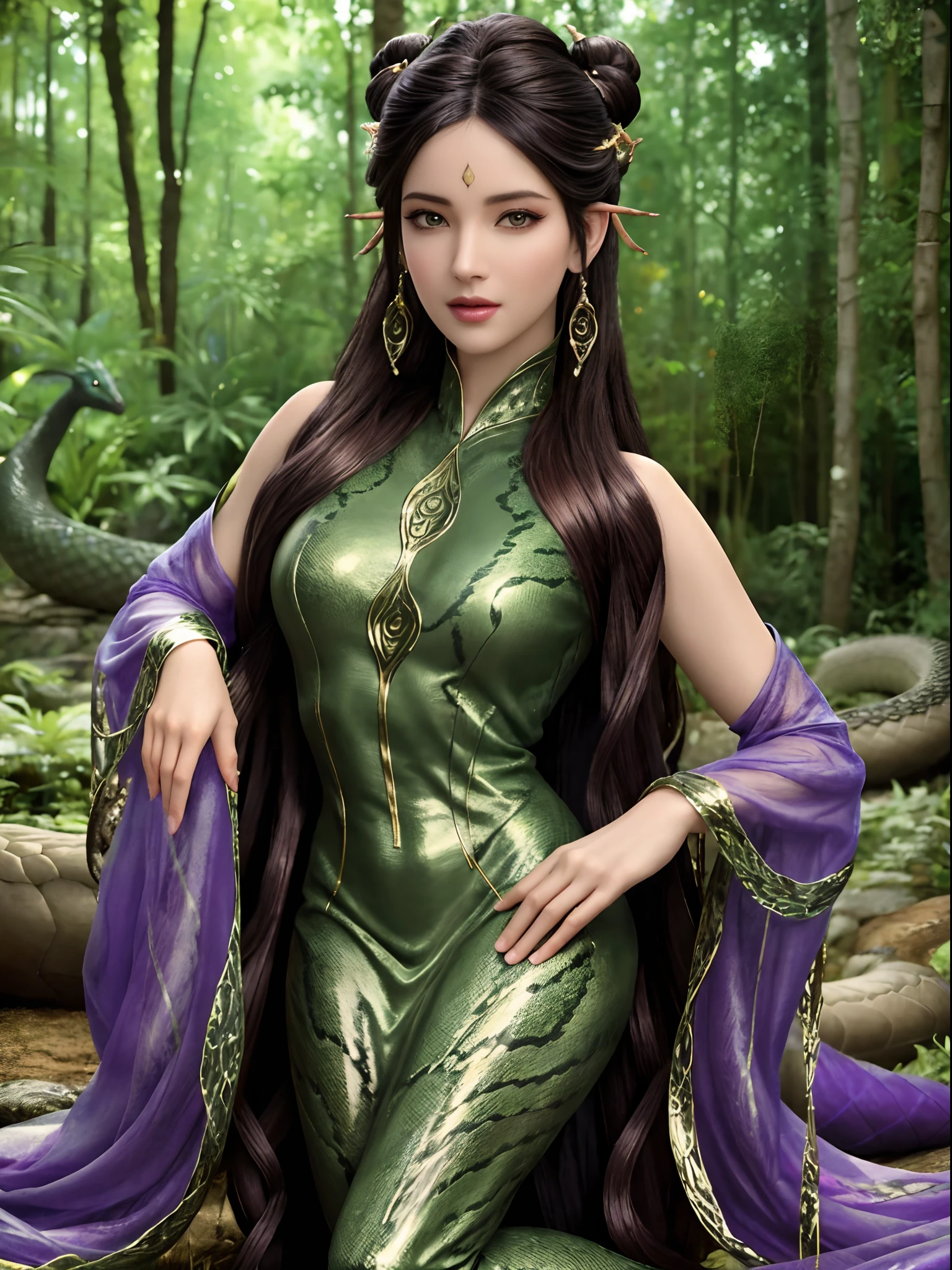 Snake goddess, beautiful and sexy, long black hair, transparent green long robe, snake head hair ornament, dazzling curves, big breasts, full body sjot, bamboo forest