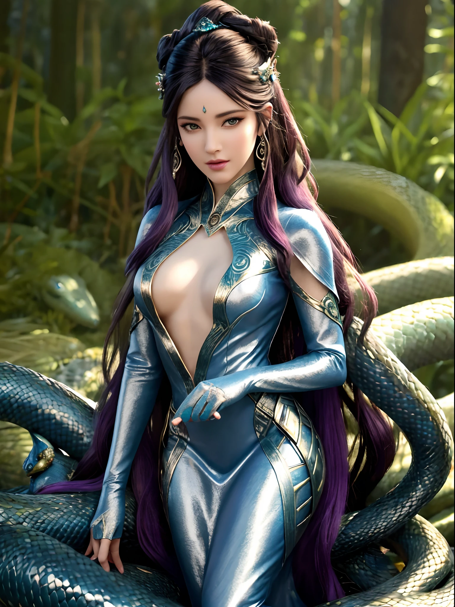 (best quality,4k,8k,highres,masterpiece:1.2),ultra-detailed,(realistic,photorealistic,photo-realistic:1.37),snake woman hybrid,beautiful detailed eyes,beautiful detailed lips,extremely detailed eyes and face,long eyelashes,scales covering the body,slithering movement,serpentine lower body,elegant and graceful posture,mesmerizing gaze,curved fangs,exotic and mesmerizing beauty,dark and mysterious aura,mythical creature,creature of legends,ethereal and otherworldly,iridescent scales,cold-blooded charm,shimmering patterns,alluring skin texture,enchanted forest background,serpent-like hair,seamless integration of woman and snake,secrets of the serpent world,elusive and enigmatic,serpent's hypnotic dance,charmingly dangerous,duality of femininity and serpentine power,wisdom and temptation,beautifully venomous,exotic flora and fauna intertwined,undulating motion,dynamic composition,artistically surreal,unleashing hidden powers,transformation and metamorphosis,unconventional beauty,unique and captivating,meticulously crafted masterpiece,awe-inspiring presence,vivid colors,soft and diffused lighting,impeccable attention to detail,hot reptile humanoid woman, snake woman, queen of snakes, cgi cutscene, lamia, snake human hybrid, with scaly-looking armor, as atlantean reptilian warriors, liliana vess, serpentine pose, fuchsia skin beneath the armor,