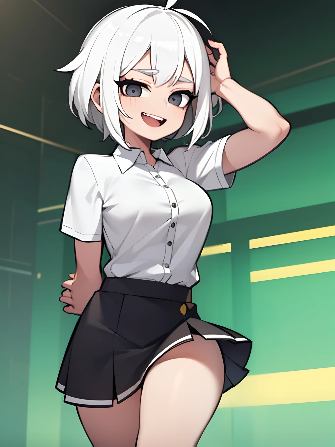 ((masterpiece, best quality)), (1girl), (solo), (female focus), (ahoge, white hair, short hair), black eyes, light smile, open mouth, ((white shirt), (buttoned shirt), (button gap)), ((black skirt), (short skirt)), standing, white background, arms behind back, dynamic angle