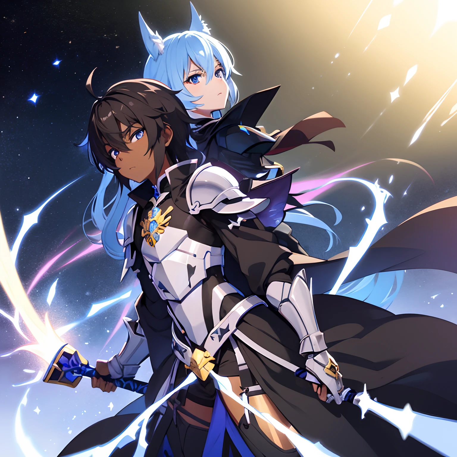 Cute innocent youthful dark skin tone femboy, with medium dark brown, big blue eyes, dressed in a black magius magical boy black armour, seiken tsukai no world break, wielding a magical saber, ma