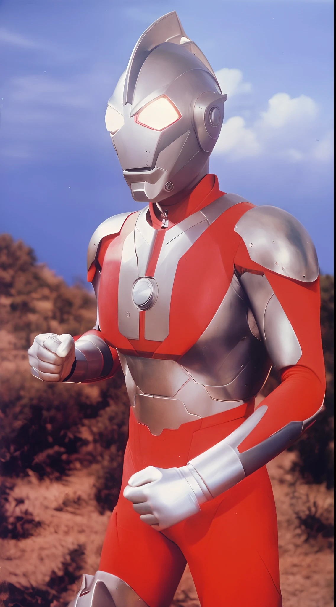 Arafed man in a red and white suit standing in a field, Ultraman, Tokusatsu, forma humanoide, as the colossal titan, fantastic non human character, Homem cromado enorme, gynoid body, Saitama, meta-humano, forma humana geral, the golden humanoid robot, Toei, Ohrai Noriyoshi, musculoso!! scientific fiction