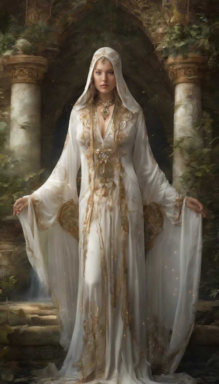 (best quality, highres:1.2), ethereal ambiance, soft and warm color palette, gentle and soothing atmosphere, mystical, dreamlike, supernatural, heavenly radiance, exquisite visual details, intricate hooded robe design, graceful and elegant pose, enigmatic aura, enchanting and captivating presence, spiritual essence, tranquil and serene setting, ethereal glow, divine illumination, masterful lighting techniques, surreal and magical, otherworldly beauty