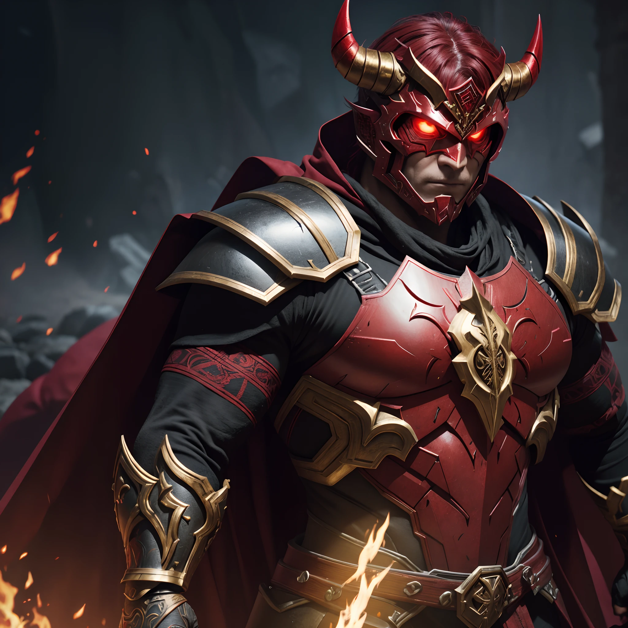 demon spartan muscle warrior in black fire magic armor red and , magic face armor red runes, ancient wizard use, golden and red cape, sharp lenses, professional photography, 70mm lenses, love for details, good quality, unreal engine 5, wallpaper, colorful, highly detailed , 8k, soft light, photo realistic