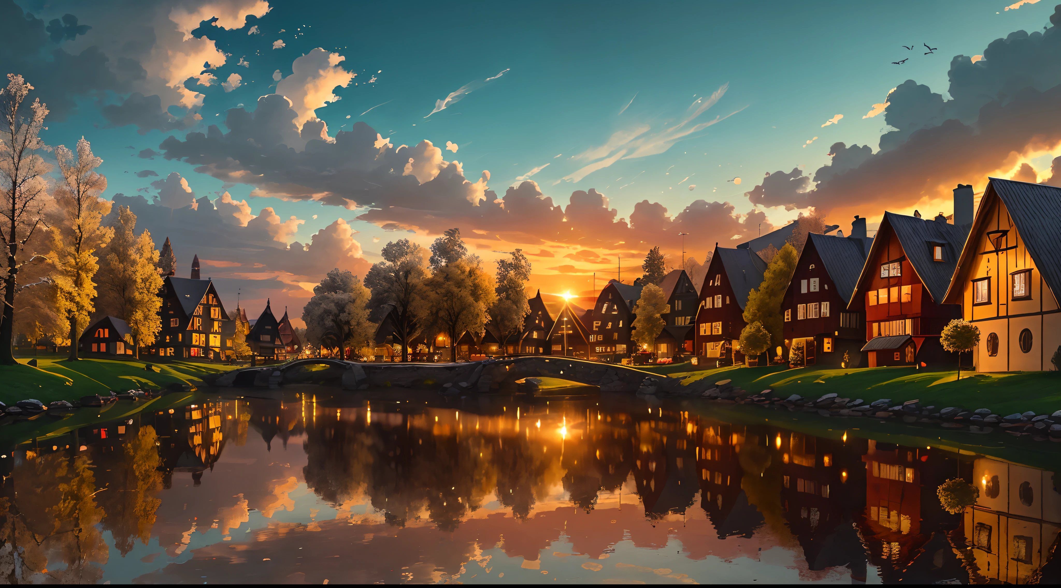 ((Masterpiece)), ((Best quality)), 8K, high detal, Ultra-detailed, A picturesque scene of a Swedish village. The village is located in a valley,Surrounded by lush green hills. The streets are lined with colorful wooden houses, each adorned with traditional Swedish decorations. These houses have sloping roofs,And painted in bright red tones, Yellow, and blue. In the center of the village, There is a charming town square,Inside there are fountains and statues of famous Swedish poets. The streets are cobblestone, and there are bicycles parked along the sidewalks. In the distance, you can see a serene lake shimmering under the golden rays of the setting sun. The sky is dotted with fluffy white clouds, and birds are chirping happily in the trees.