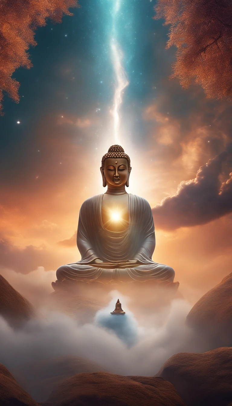 1200s. ily. Buddha, A spell, There is spirit everywhere, Dynamic pose, Wind, Smoke, spark of light, Stars above the clouds, surrealism, Super realistic, Cinematic, pastel colour, Fantasy universe background