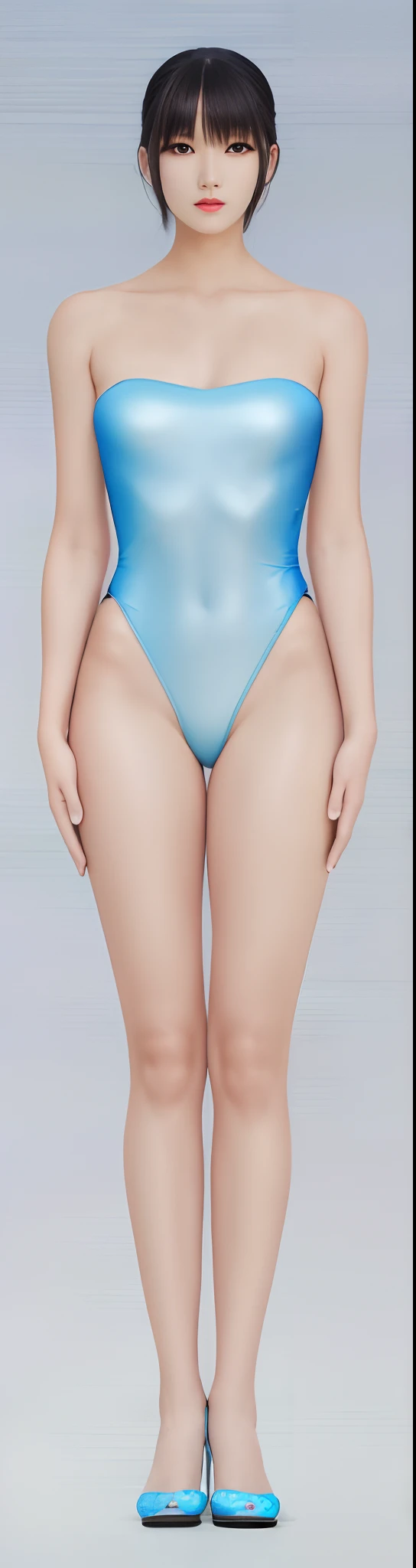 In an outdoor park，In the daytime，A tall and beautiful Chinese girl，with fair skin，Coiled hair，Qi bangs，Wear a blue one-piece swimsuit and high heels，Stand up straight，Stand upright，hands on sides，Symmetrical distribution，Ray traching，Frontal light source，1.4x Realistic Ultra HD