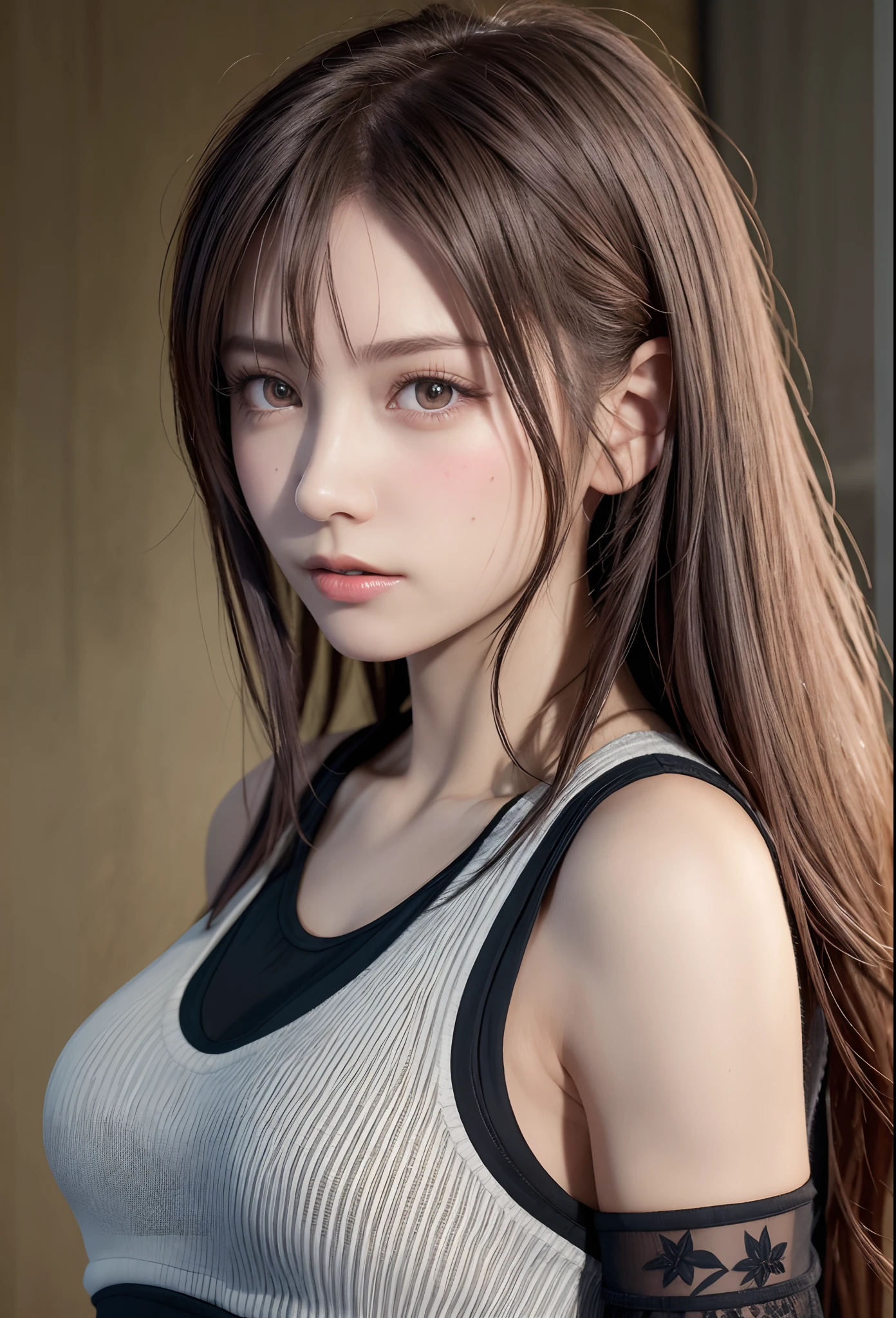 high quality picture, masutepiece, detailed hair texture, Detailed skin texture, Detailed Cloth Texture, 8K, Add fabric details, ultra detailed skin texture, ultra detailed photographic, Skin pores, Portrait of a girl, wearing tank top,