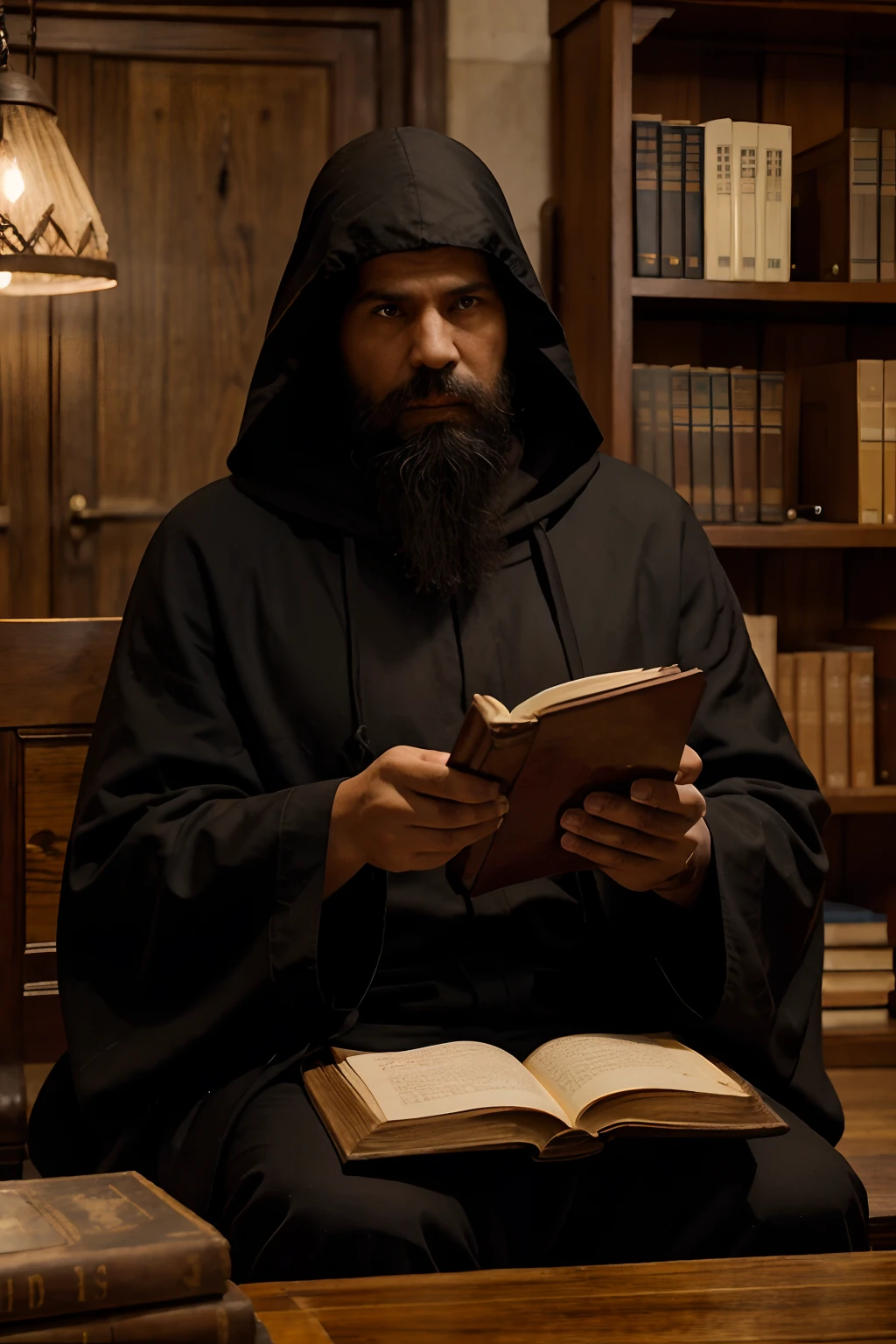 40-year-old monk with big black beard wearing a black hooded robe with sitting with book in hand in a library at Dinis Abbey