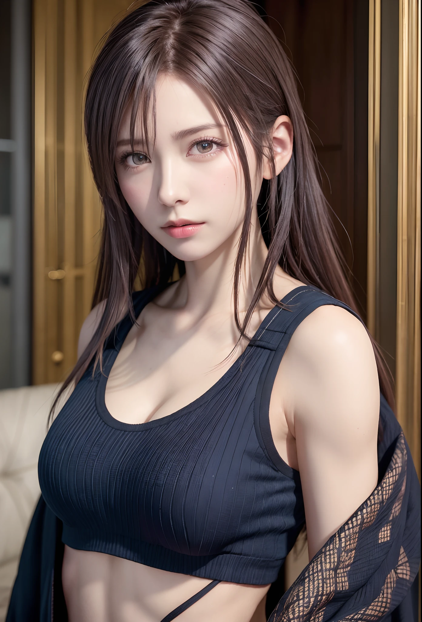 high quality picture, masutepiece, detailed hair texture, Detailed skin texture, Detailed Cloth Texture, 8K, Add fabric details, ultra detailed skin texture, ultra detailed photographic, Skin pores, Portrait of a girl, wearing tank top,