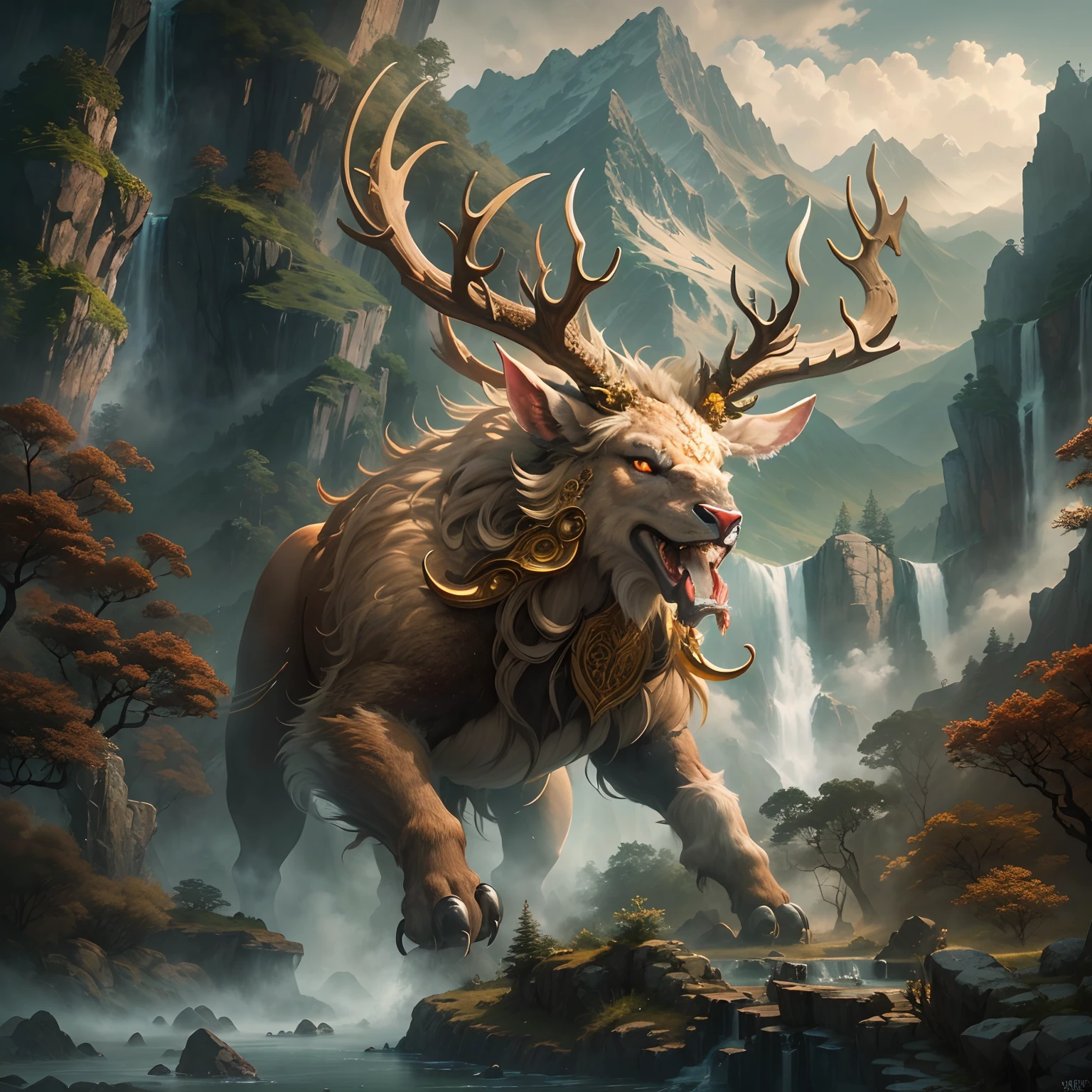 (Best quality,8K,A high resolution,Masterpiece:1.2),Ultra-detailed,(Realistic,Photorealistic,photo-realistic:1.37),Ancient beasts from hell，Chinese mythology，Mountain and Sea Sutra，the mountains and the sea,Ancient legends,mythological creatures,Sparkling golden scales,deer antlers,mane hair,Sharp claws,beast of prey，buck teeth，sparkling big eyes，golden rays of sunlight, Misty clouds,Flowing waterfalls, Towering mountains, Un bosque tranquilo, Intricate fantasy ink painting, Detailed fantasy ink illustration, fantasy highly detailed, beautiful detailed fantasy, magic fantasy highly detailed, highly detailed fantasy art, epic rivendell fantasy, japanese fantasy, detailed fantasy digital art, Chinese fantasy, detailed fantasy art,