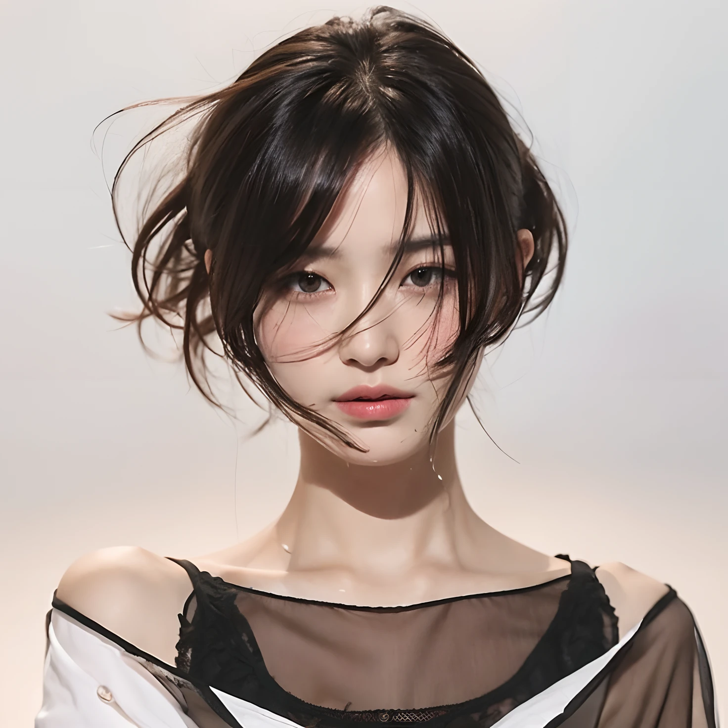 ((Best quality, 8k, Masterpiece: 1.3)), Sharp focus: 1.2, A beautiful woman with perfect body: 1.4, Slim abdomen: 1.2, ((Layered haircut, Large breasts: 1.2)), (no bra) (Small and beautiful hard nipple) (Thin and damp button up to shirt length: 1.1), (White shirt wet by rain), (Rain, Street: 1.2), Wet body: 1.1, Highly detailed face and skin texture, Detailed eyes, Double eyelid,