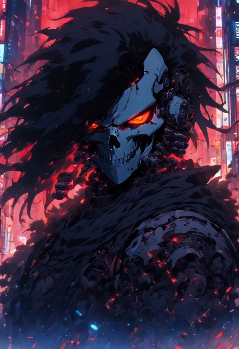 Pretty, one man, skull mask, handsome, (long black and blue hair), (black robotic armor), (glow red eyes), destroyed city background, red sky, low angel view, electronic power, masterpiece, high detailed, 8k