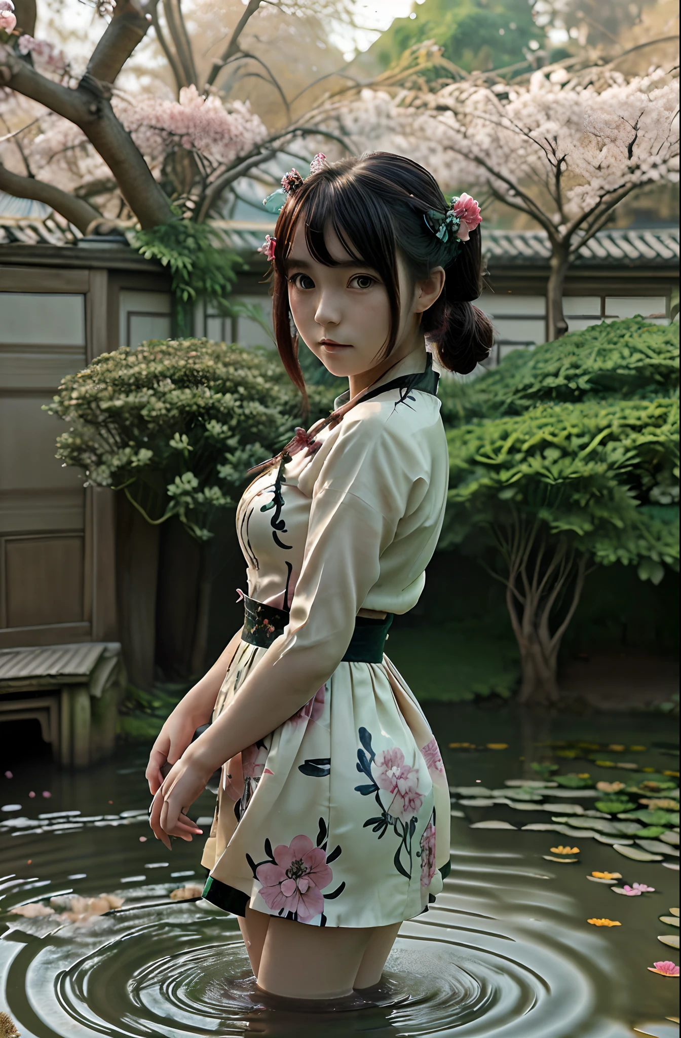 Anime style of an adorable girl in a garden, traditional dress, in chinese water ink style, flowers, look at camera, half body, , Mysterious