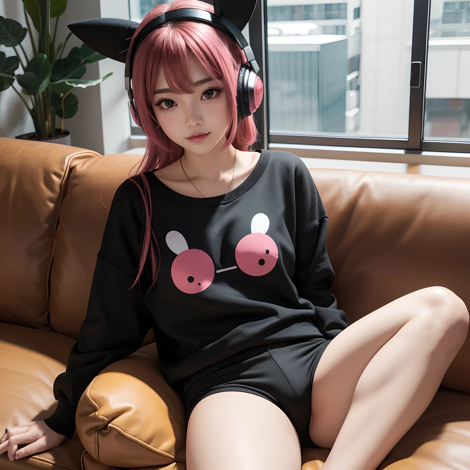 An extremely cute beautiful asian lonely, ela tem o cabelo rosa curto com franja, She's wearing a gaming headset on her head, bochecha rosada, rosy lips, she's wearing a black Pikachu patterned sweatshirt, She's wearing a pair of tight black legging shorts, detailed body traces, She is sitting on the couch with her thighs apart and her knees bent towards the viewer, rosto ultra detalhado, sorriso, qualidade 8k 16k.