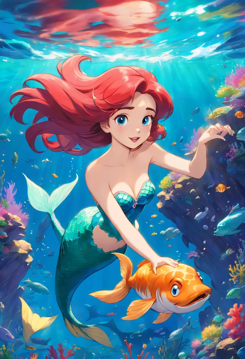 Little mermaid playing with big fish in the ocean, turqouis ocean, illustration style, bright colourful