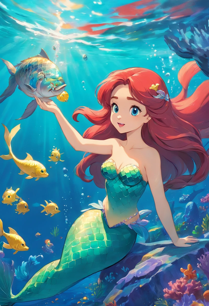 Mermaid Princess, by Studio Ghibli, best quality, masterpiece, very aesthetic, perfect composition, intricate details, ultra-detailed