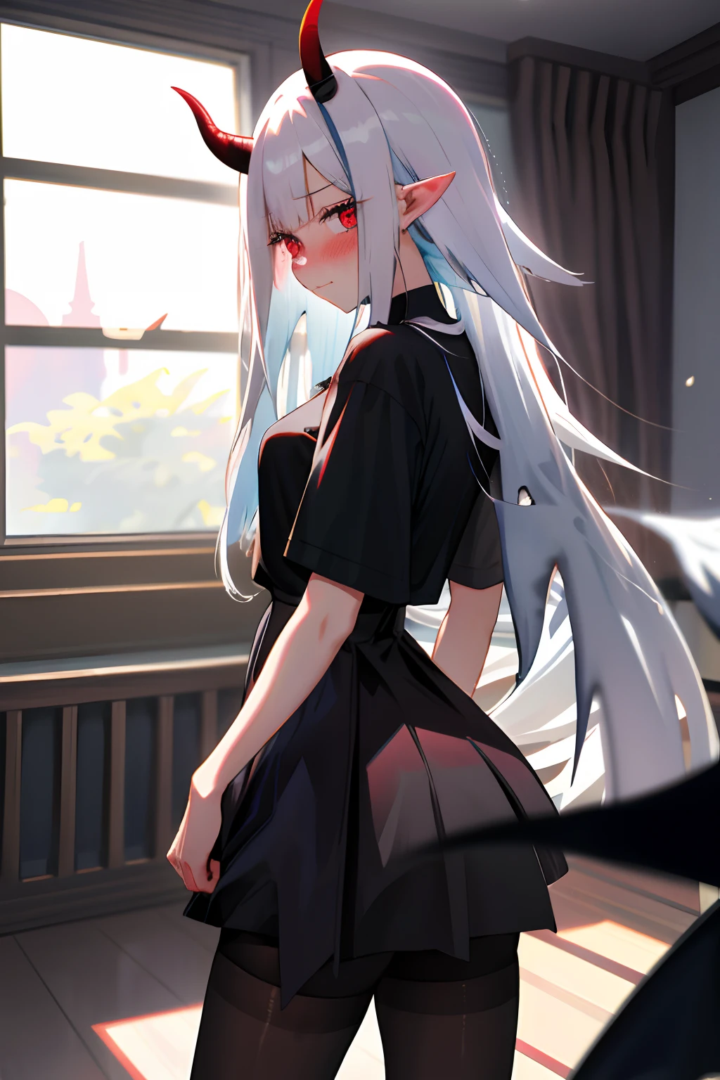 One girl with long hair, white hair, looking at viewer, embarrassed, blushing, indoor , oversized naked black t shirt, t shirt only, thigh, pointy ears, demon wings, demon king, demon horn, perfect waist, pantyhose, back view