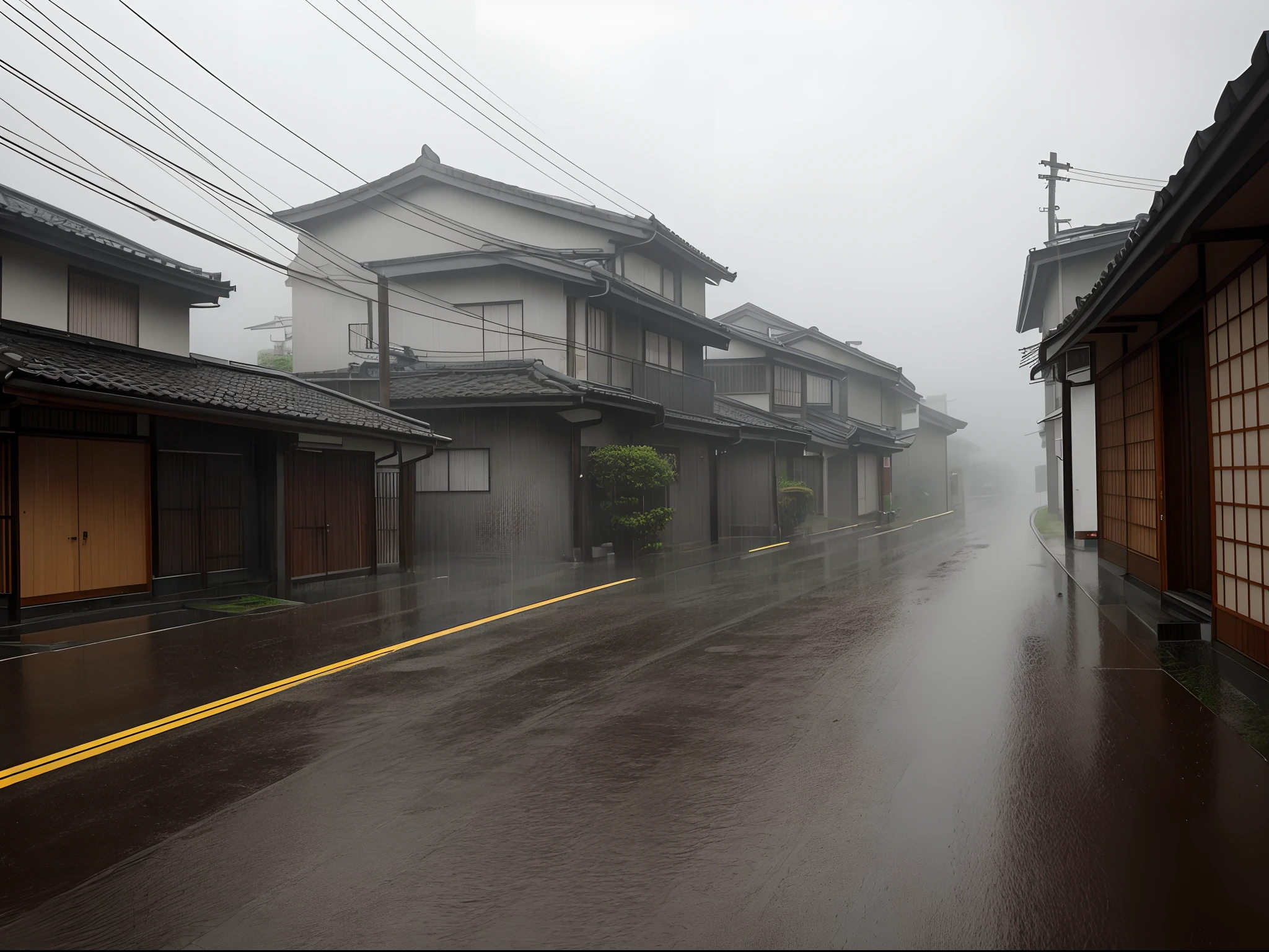 dark grey day heavily pouring rain, thick fog, Japanese residential neighborhood, view from sidewalk, ((heavy rain))