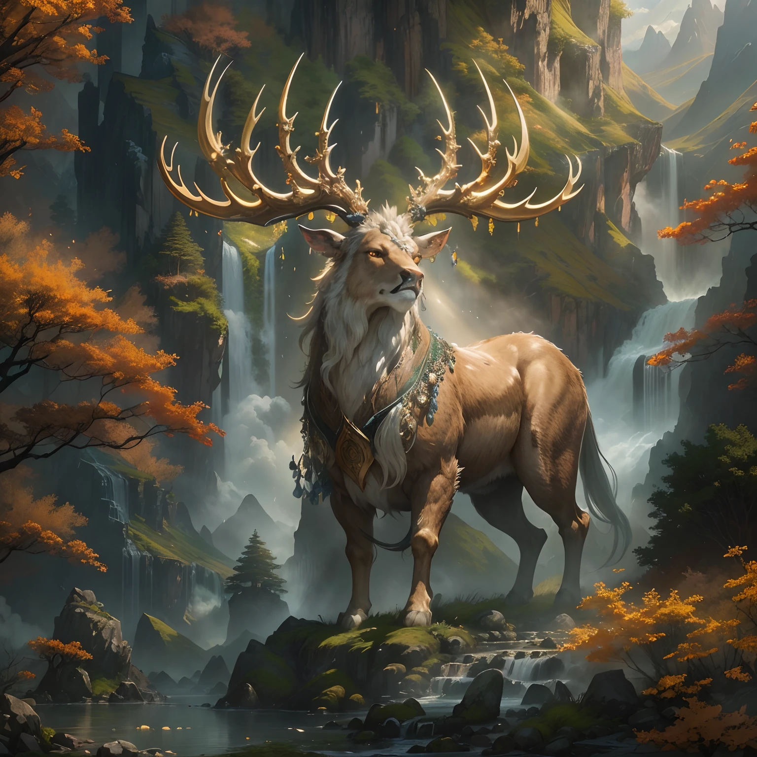 (Best quality,8K,A high resolution,Masterpiece:1.2),Ultra-detailed,(Realistic,Photorealistic,photo-realistic:1.37),Ancient beasts from hell,Chinese mythology,Mountain and Sea Sutra,the mountains and the sea,Ancient legends,mythological creatures,Sparkling golden scales,deer antlers,mane hair,Sharp claws,beast of prey,buck teeth,sparkling big eyes,golden rays of sunlight, Misty clouds,Flowing waterfalls, Towering mountains, Un bosque tranquilo, Intricate fantasy ink painting, Detailed fantasy ink illustration, fantasy highly detailed, beautiful detailed fantasy, magic fantasy highly detailed, highly detailed fantasy art, epic rivendell fantasy, japanese fantasy, detailed fantasy digital art, Chinese fantasy, detailed fantasy art,
