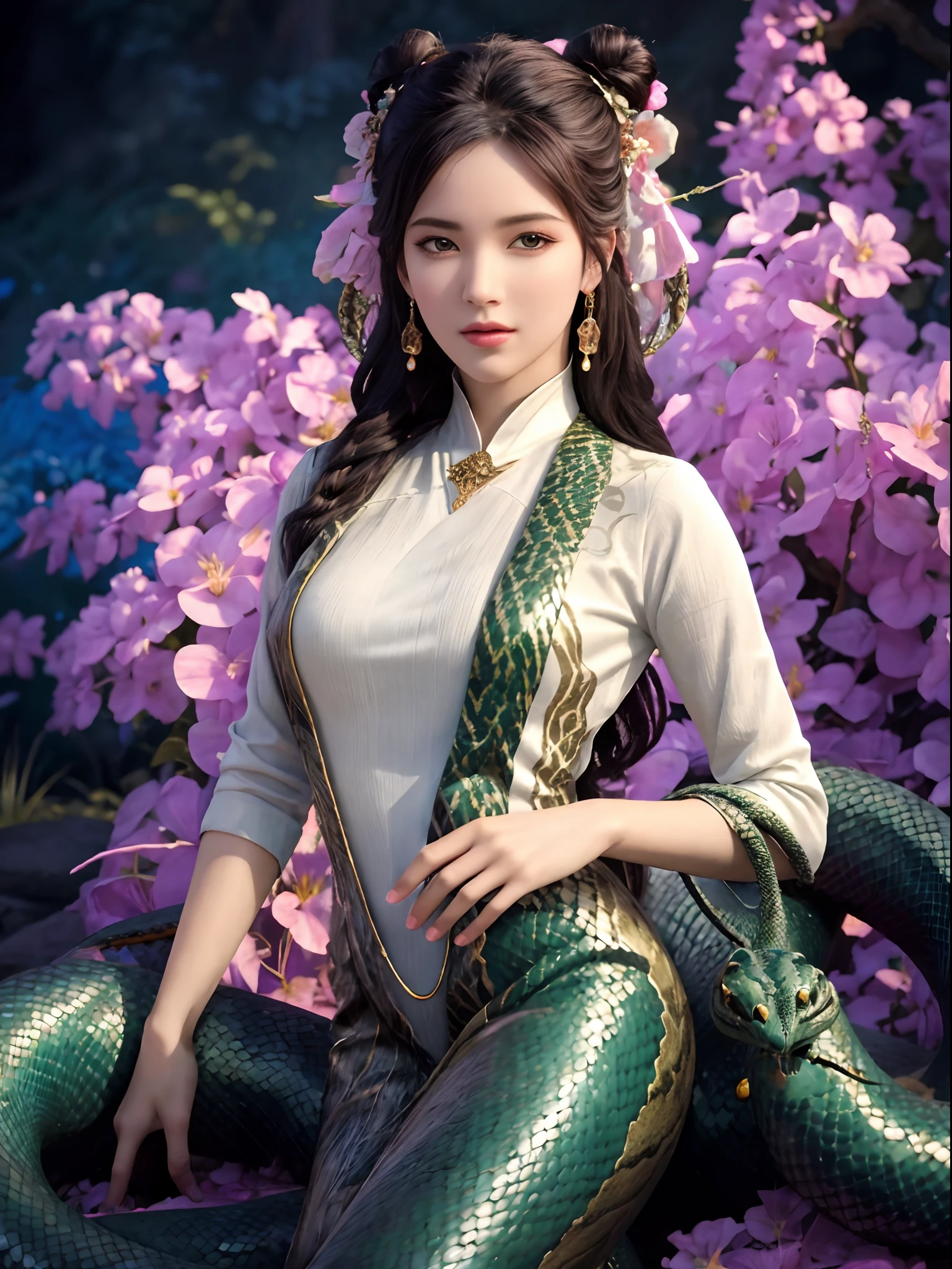 (best quality,4k,8k,highres,masterpiece:1.2),ultra-detailed,(realistic,photorealistic,photo-realistic:1.37),snake woman hybrid,beautiful detailed eyes,beautiful detailed lips,extremely detailed eyes and face,long eyelashes,scales covering the body,slithering movement,serpentine lower body,elegant and graceful posture,mesmerizing gaze,curved fangs,exotic and mesmerizing beauty,dark and mysterious aura,mythical creature,creature of legends,ethereal and otherworldly,iridescent scales,cold-blooded charm,shimmering patterns,alluring skin texture,enchanted forest background,serpent-like hair,seamless integration of woman and snake,secrets of the serpent world,elusive and enigmatic,serpent's hypnotic dance,charmingly dangerous,duality of femininity and serpentine power,wisdom and temptation,beautifully venomous,exotic flora and fauna intertwined,undulating motion,dynamic composition,artistically surreal,unleashing hidden powers,transformation and metamorphosis,unconventional beauty,unique and captivating,meticulously crafted masterpiece,awe-inspiring presence,vivid colors,soft and diffused lighting,impeccable attention to detail,half the girl's body from head to navel and half the snake's body from the hips down