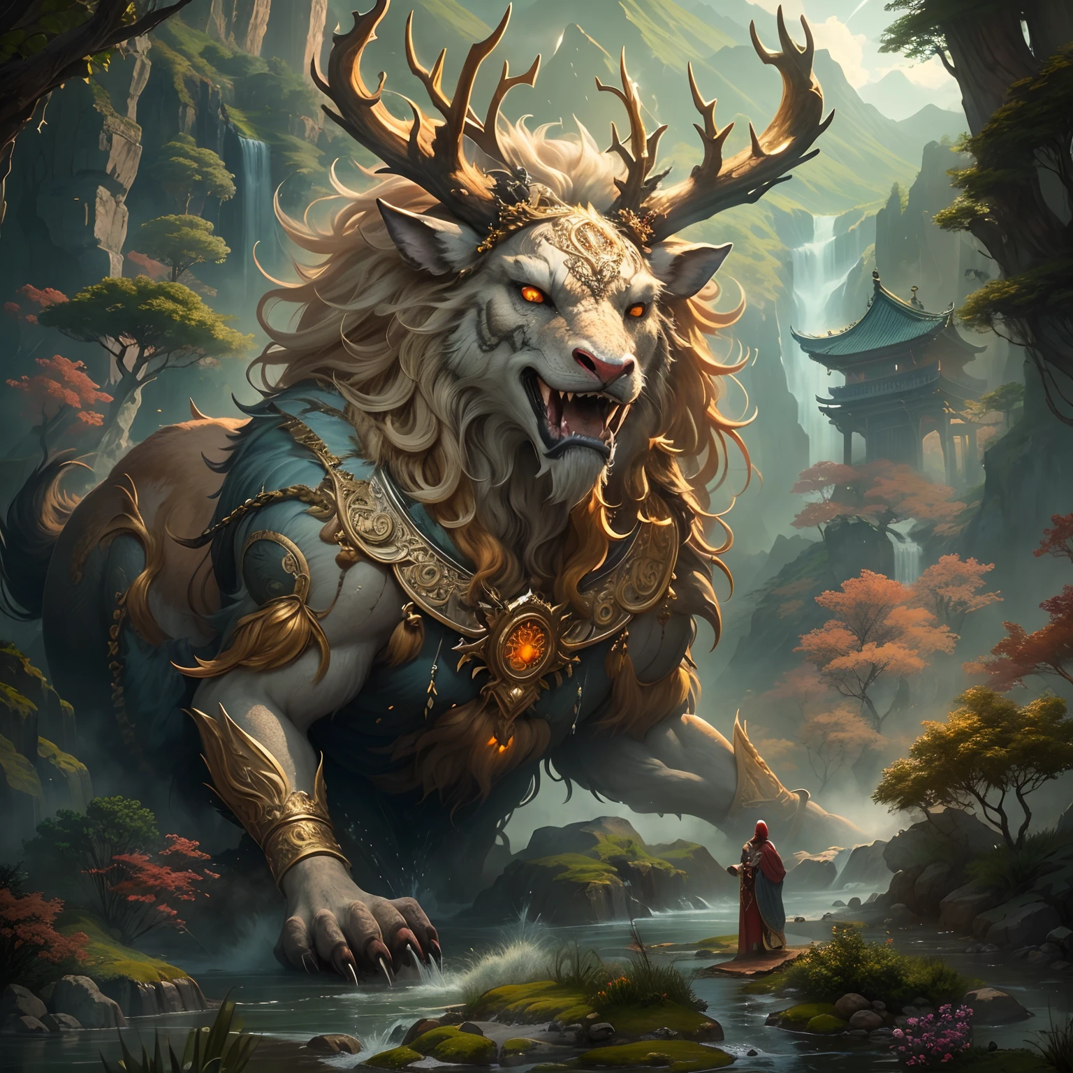 (Best quality,8K,A high resolution,Masterpiece:1.2),Ultra-detailed,(Realistic,Photorealistic,photo-realistic:1.37),Ancient beasts from hell,Chinese mythology,Mountain and Sea Sutra,the mountains and the sea,Ancient legends,mythological creatures,Sparkling golden scales,deer antlers,mane hair,Sharp claws,beast of prey,buck teeth,sparkling big eyes,golden rays of sunlight, Misty clouds,Flowing waterfalls, Towering mountains, Un bosque tranquilo, Intricate fantasy ink painting, Detailed fantasy ink illustration, fantasy highly detailed, beautiful detailed fantasy, magic fantasy highly detailed, highly detailed fantasy art, epic rivendell fantasy, japanese fantasy, detailed fantasy digital art, Chinese fantasy, detailed fantasy art,