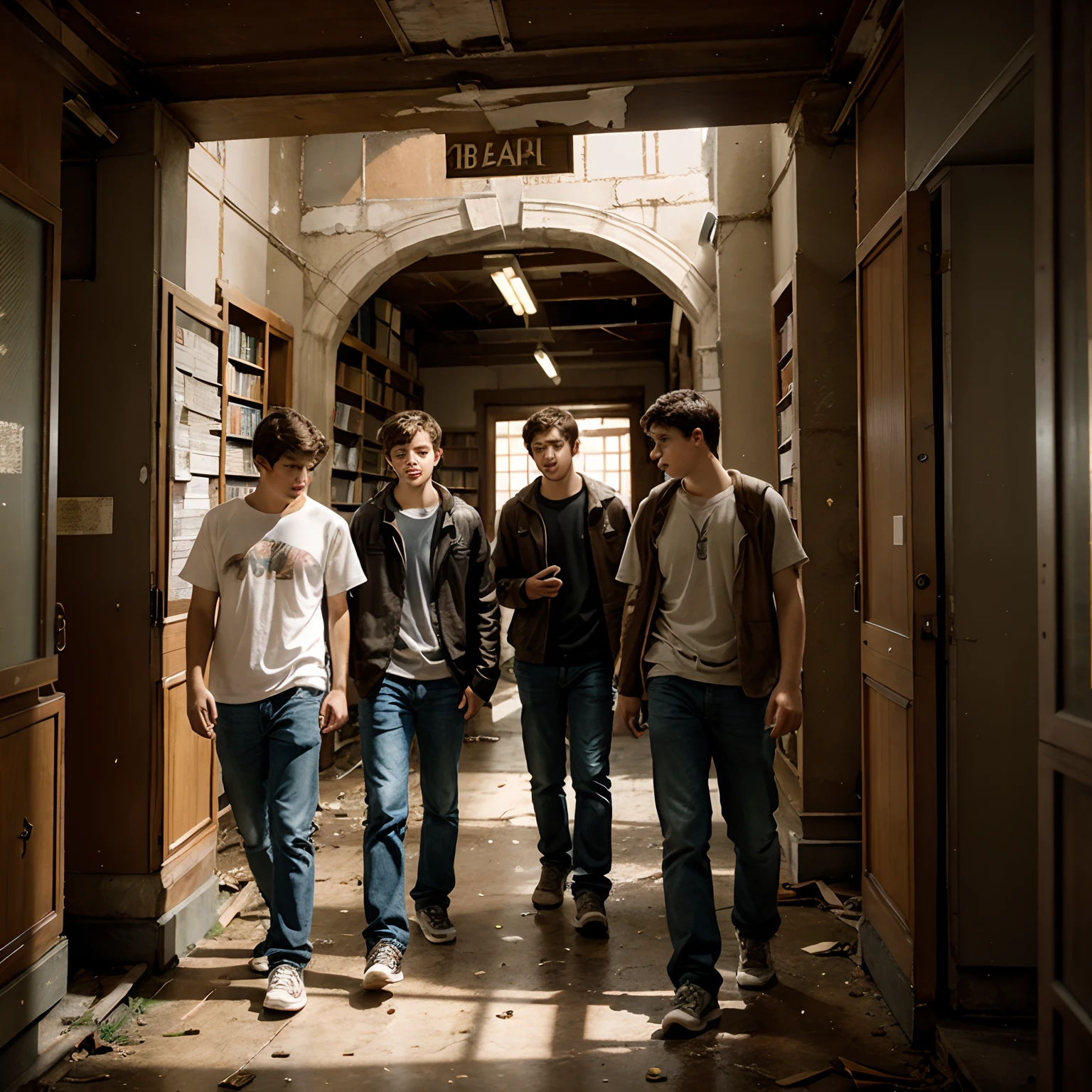 3 age guys walking around in an old, abandoned, magically library with faces