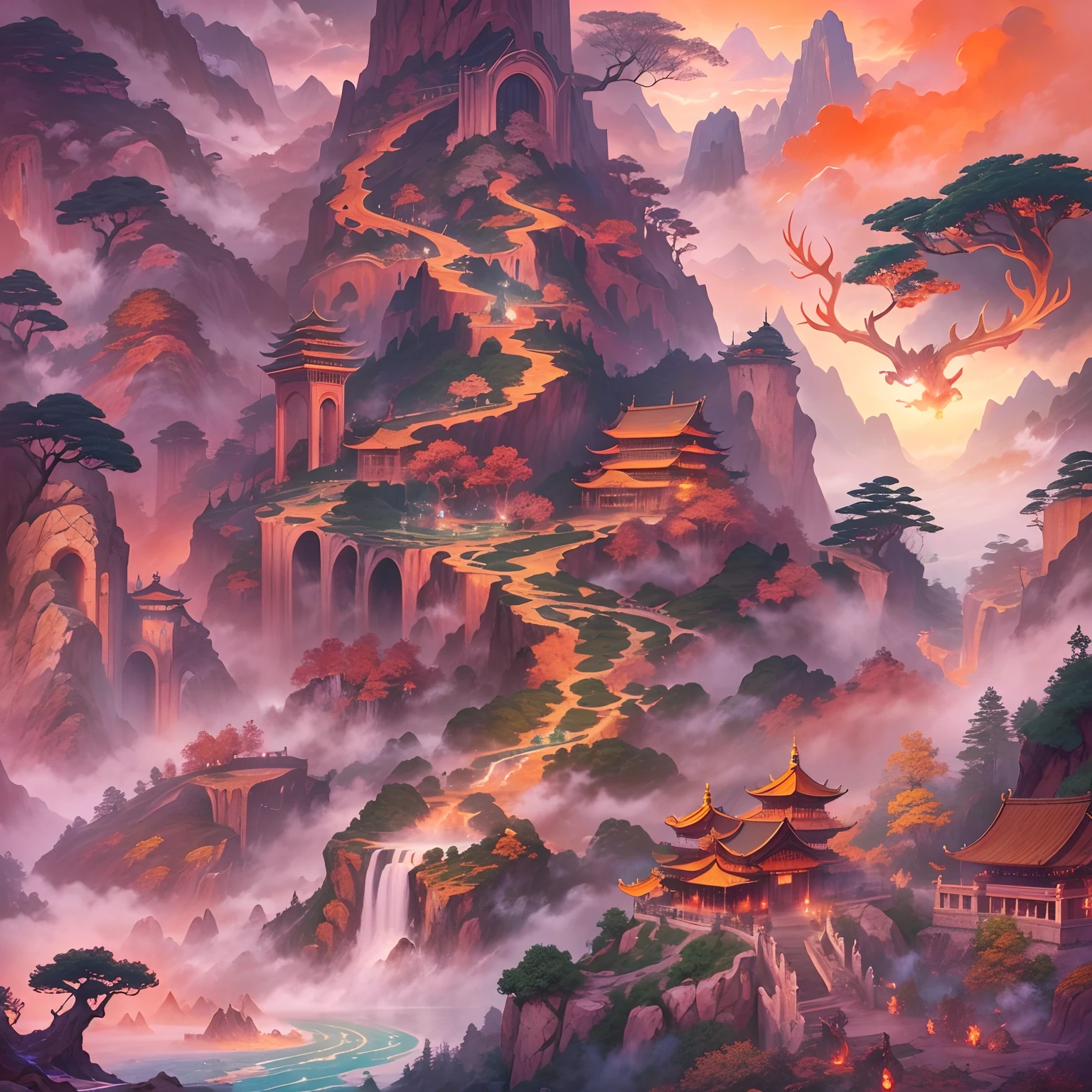 (Best quality,4K,8K,A high resolution,Masterpiece:1.2),Ultra-detailed,Realistic,Landscapes, Mountains, rivers, ancient atmosphere, mythological creatures, Mysterious cave, divine being, A peaceful sea scene, Colorful sky, Majestic island, Ancient Chinese mythology, Legendary monsters, Flowing waterfalls, Towering mountains, Un bosque tranquilo, Ferocious scaly monster，Hell Demon，Golden scales，deer antlers，mane hair，Beard，Claws，红眼闪✨发光,, golden rays of sunlight, Misty clouds, Ethereal beauty, Hidden treasure, Magical power, Ancient legends, Traditional Chinese art style, Vibrant colors, Breathtaking landscapes