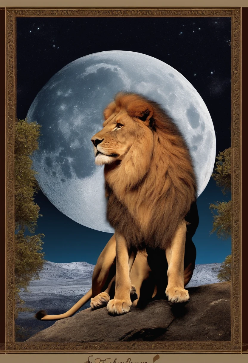 lion is drinking wine on the moon