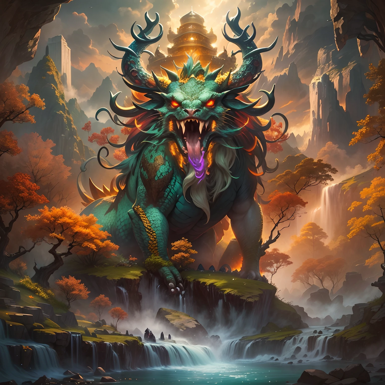 (Best quality,4K,8K,A high resolution,Masterpiece:1.2),Ultra-detailed,Realistic,Landscapes, Mountains, rivers, ancient atmosphere, mythological creatures, Mysterious cave, divine being, A peaceful sea scene, Colorful sky, Majestic island, Ancient Chinese mythology, Legendary monsters, Flowing waterfalls, Towering mountains, Un bosque tranquilo, Ferocious scaly monster,Hell Demon,Golden scales,deer antlers,mane hair,Beard,Claws,红眼闪✨发光, Sacred temple, golden rays of sunlight, Misty clouds, Ethereal beauty, Hidden treasure, Magical power, Ancient legends, Traditional Chinese art style, Vibrant colors, Breathtaking landscapes
