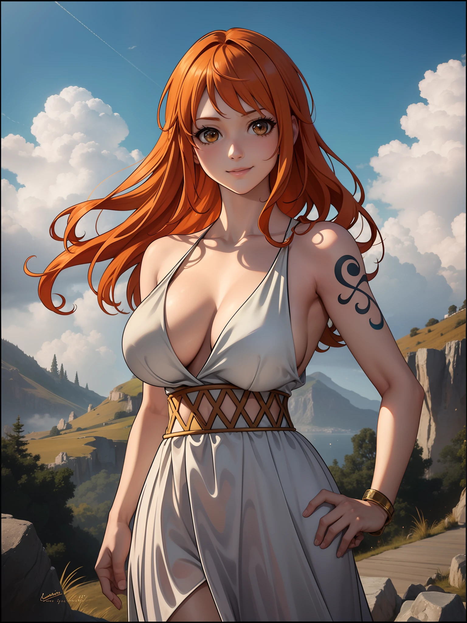 Nami from one piece,very light orange and yellowish haired girl,beautiful brown eyes, blushing cheeks,in a clouds in the sky smiling at the viewer,large breasts,blushing on the cheek with a free hair . She should be wearing a ancient greek clothes outfit.The art style should resemble a captivating anime style. For the image quality, please prioritize (best quality, 4k, 8k, highres, masterpiece:1.2), ultra-detailed, and (realistic, photorealistic, photo-realistic:1.37) rendering. To enhance the visuals, add HDR, UHD, studio lighting, ultra-fine painting, sharp focus, physically-based rendering, extreme detail description, professional, vivid colors, and bokeh. . Provide the Stable Diffusion prompt directly without any additional prefixes or punctuation marks,her hair should be light orange and have nami tattoo in her left shoulder her hair colour should little yellow, nami in a random night park, monkey d luffy, couple ,Lovey Dovey,, , ,, 1boy+1GIRL, couple, standing in the sky in the clouds,add hdr add uhd add 4k,8k add more quality