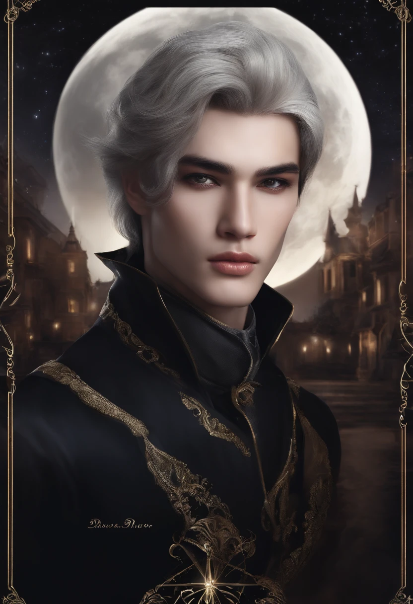 Creating the image of a 20-year-old boy, Thai, beau, who has bright silver eyes, He's a wizard, From Narix, He wears a black mask and wears black gala clothes, behind, Se lever dans la nuit, a un manoir victorien de pierre. night scene