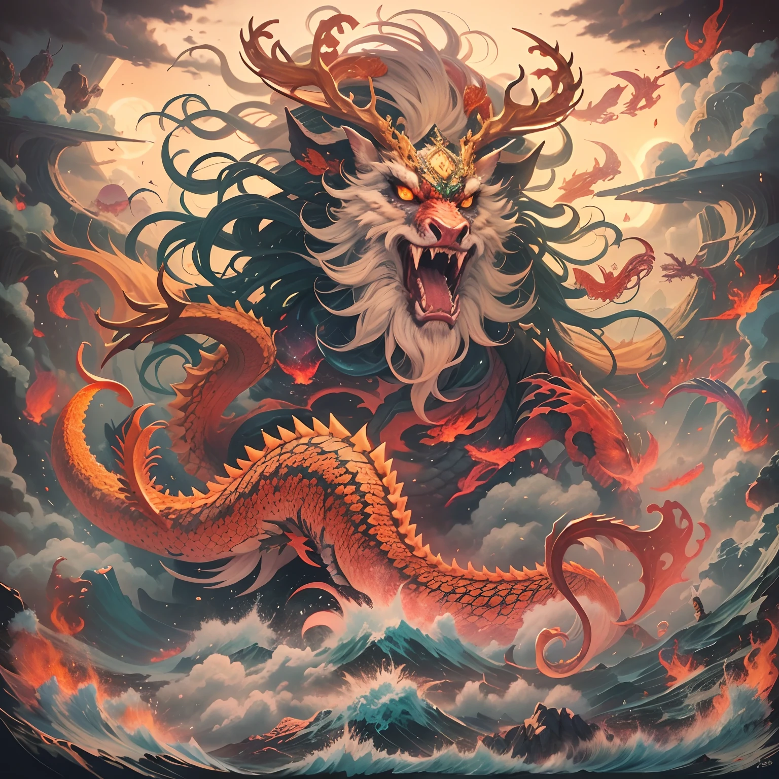 Mountain and Sea Sutra，《《《《《《The Great Desolation Sutra》》》》》》，Ancient legends，oriental mythology，Colorful magic，Ferocious scaly monster，Hell Demon，Golden scales，deer antlers，mane hair，Beard，Claws，红眼闪✨发光