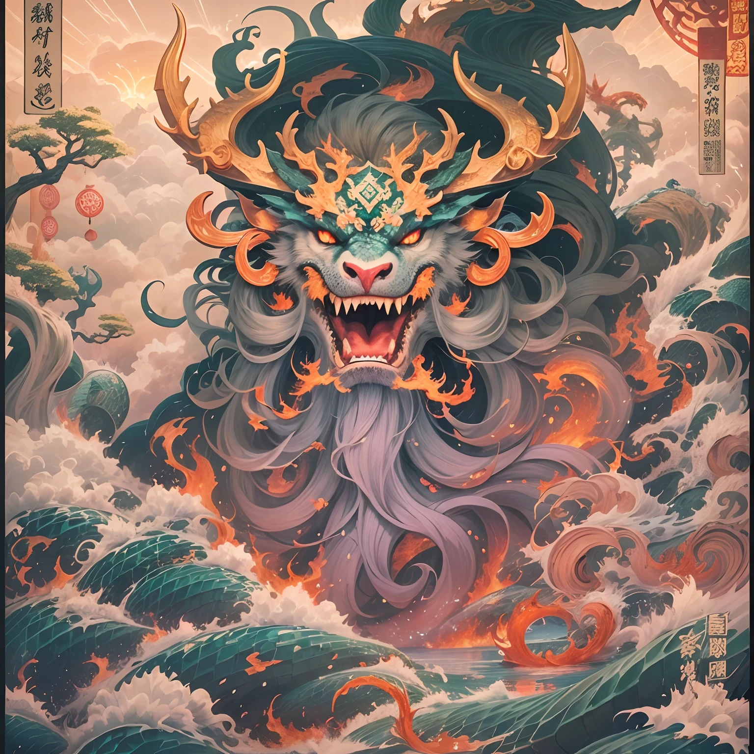 Mountain and Sea Sutra,《《《《《《The Great Desolation Sutra》》》》》》,Ancient legends,oriental mythology,Colorful magic,Ferocious scaly monster,Hell Demon,Golden scales,deer antlers,mane hair,Beard,Claws,红眼闪✨发光