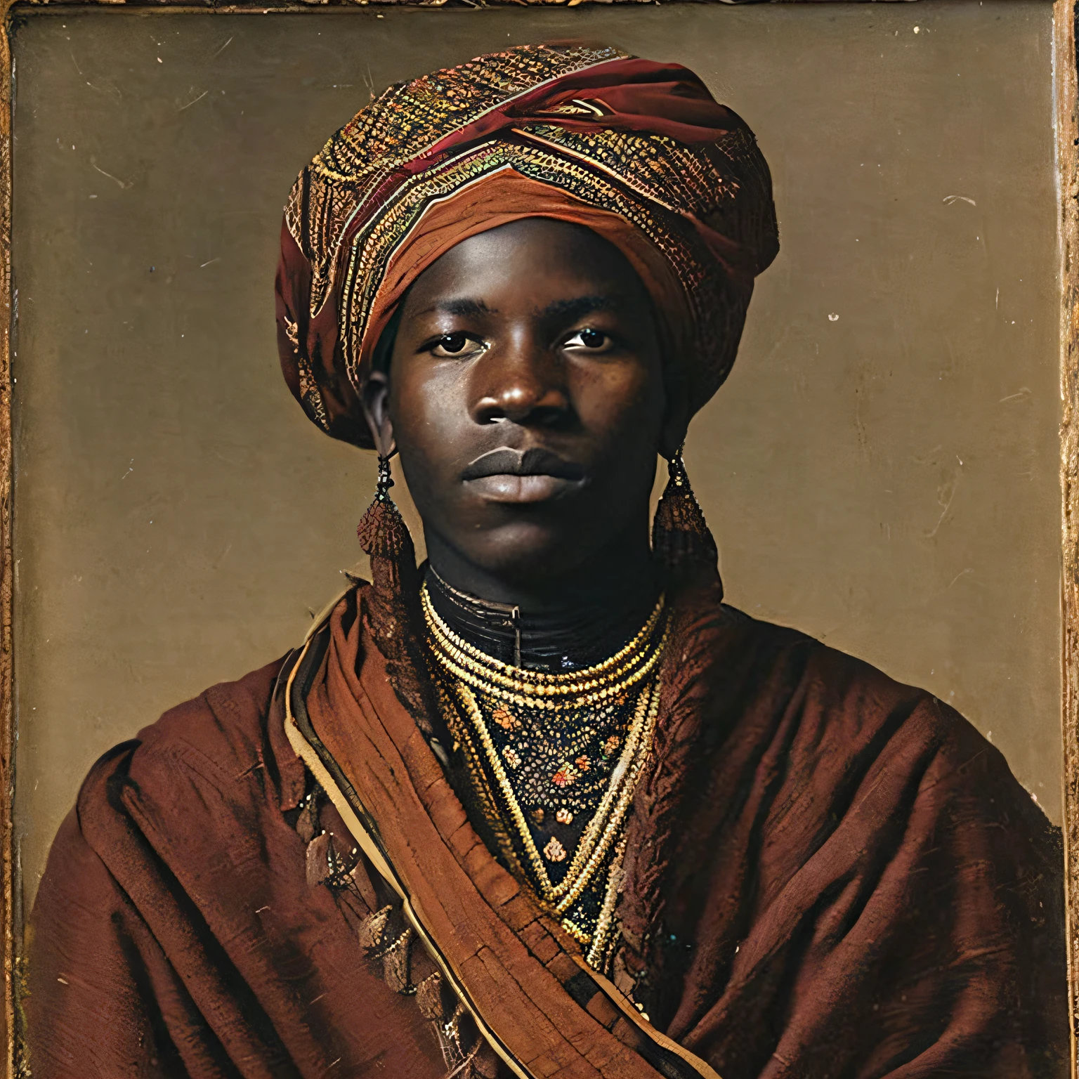 Portrait of 16-year-old male Candomblé Oxossi African Orisha in War Clothes, arco e flecha.