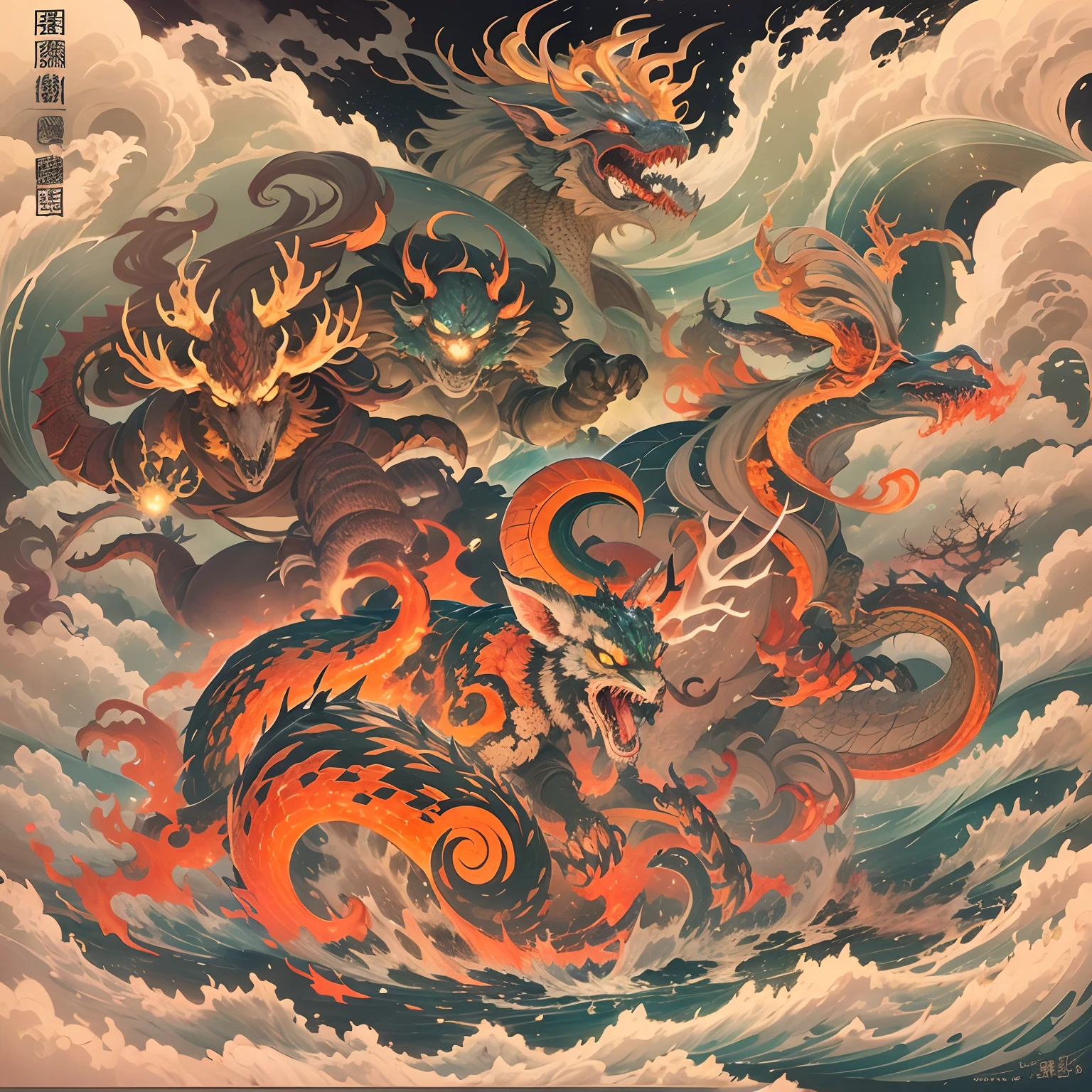Mountain and Sea Sutra,《《《《《《The Great Desolation Sutra》》》》》》,Ancient legends,oriental mythology,Colorful magic,Ferocious scaly monster,Hell Demon,Golden scales,deer antlers,mane hair,Beard,Claws,红眼闪✨发光