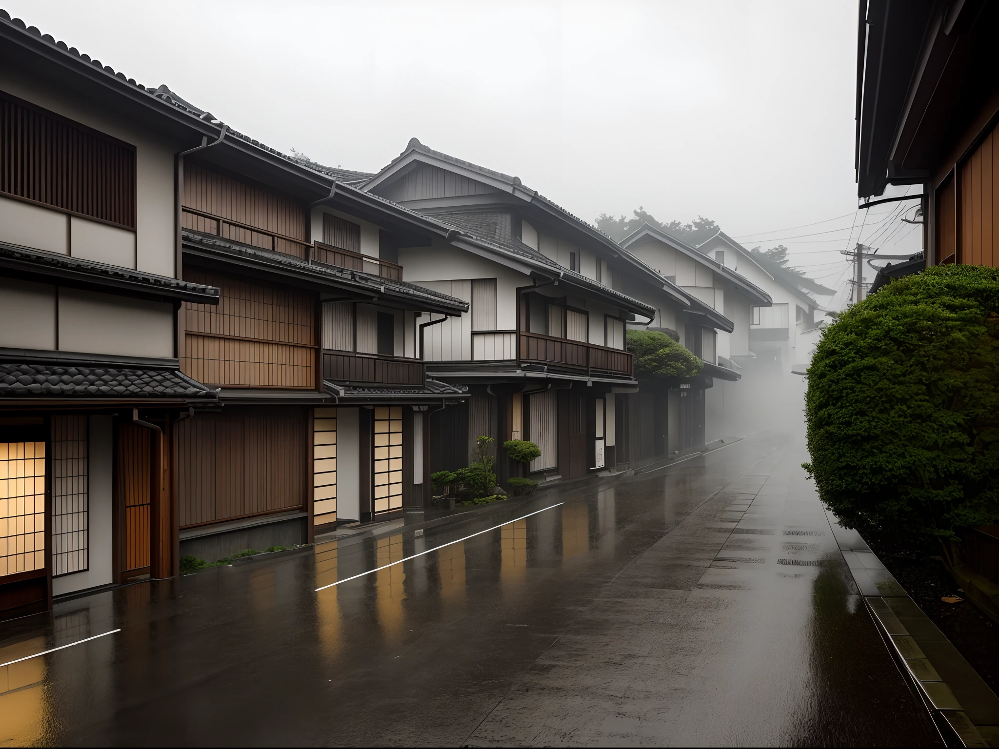 dark grey day heavily pouring rain, thick fog, Japanese residential neighborhood, view from sidewalk, ((heavy rain))