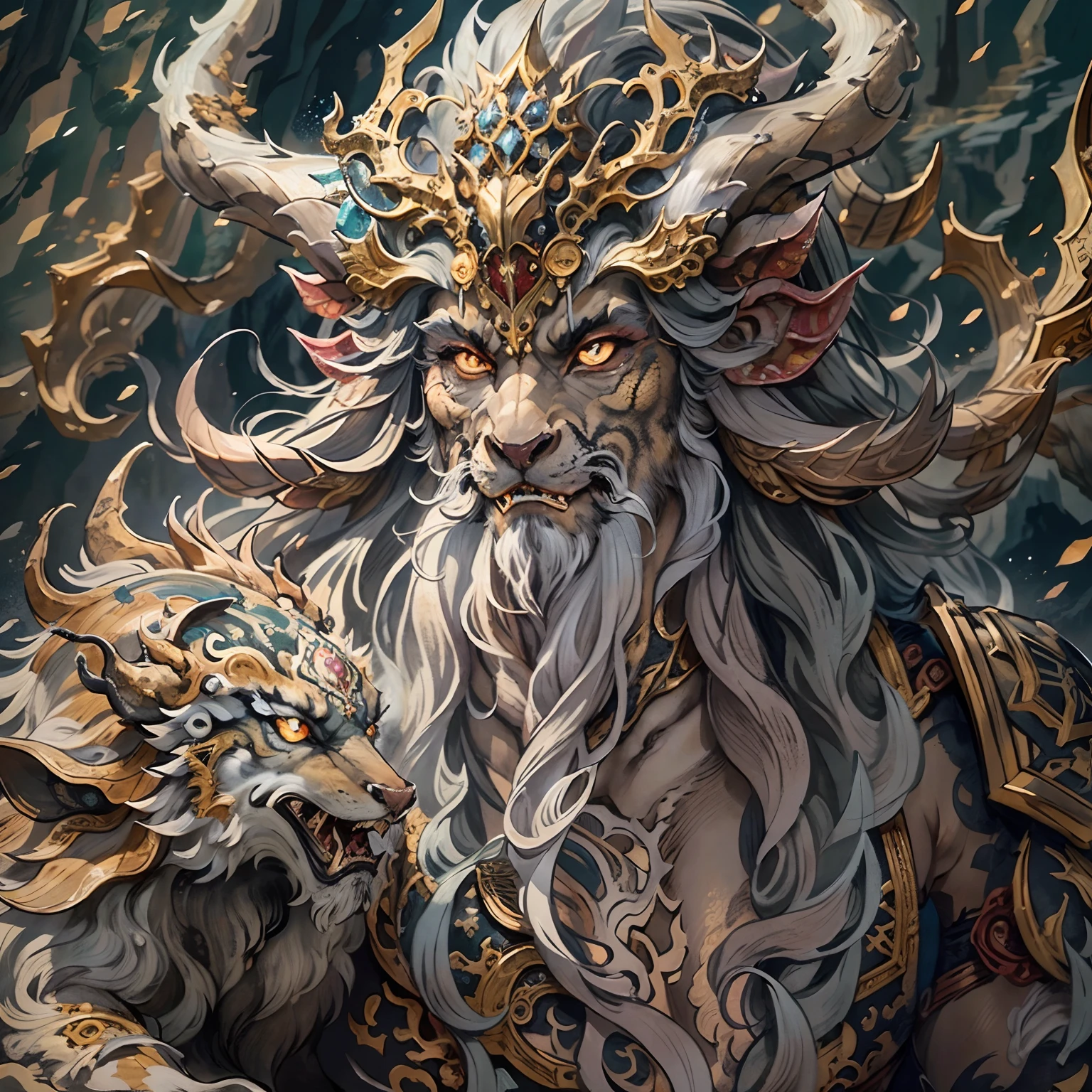 (Best quality,8K,A high resolution,Masterpiece:1.2),Ultra-detailed,(Realistic,Photorealistic,photo-realistic:1.37),Ancient beasts from hell，Chinese mythology，Mountain and Sea Sutra，the mountains and the sea,Ancient legends,mythological creatures,Sparkling golden scales,deer antlers,mane hair,Beard,Sharp claws,beast of prey，buck teeth，sparkling big eyes， Intricate fantasy ink painting, Detailed fantasy ink illustration, fantasy highly detailed, beautiful detailed fantasy, magic fantasy highly detailed, highly detailed fantasy art, epic rivendell fantasy, japanese fantasy, detailed fantasy digital art, Chinese fantasy, detailed fantasy art,