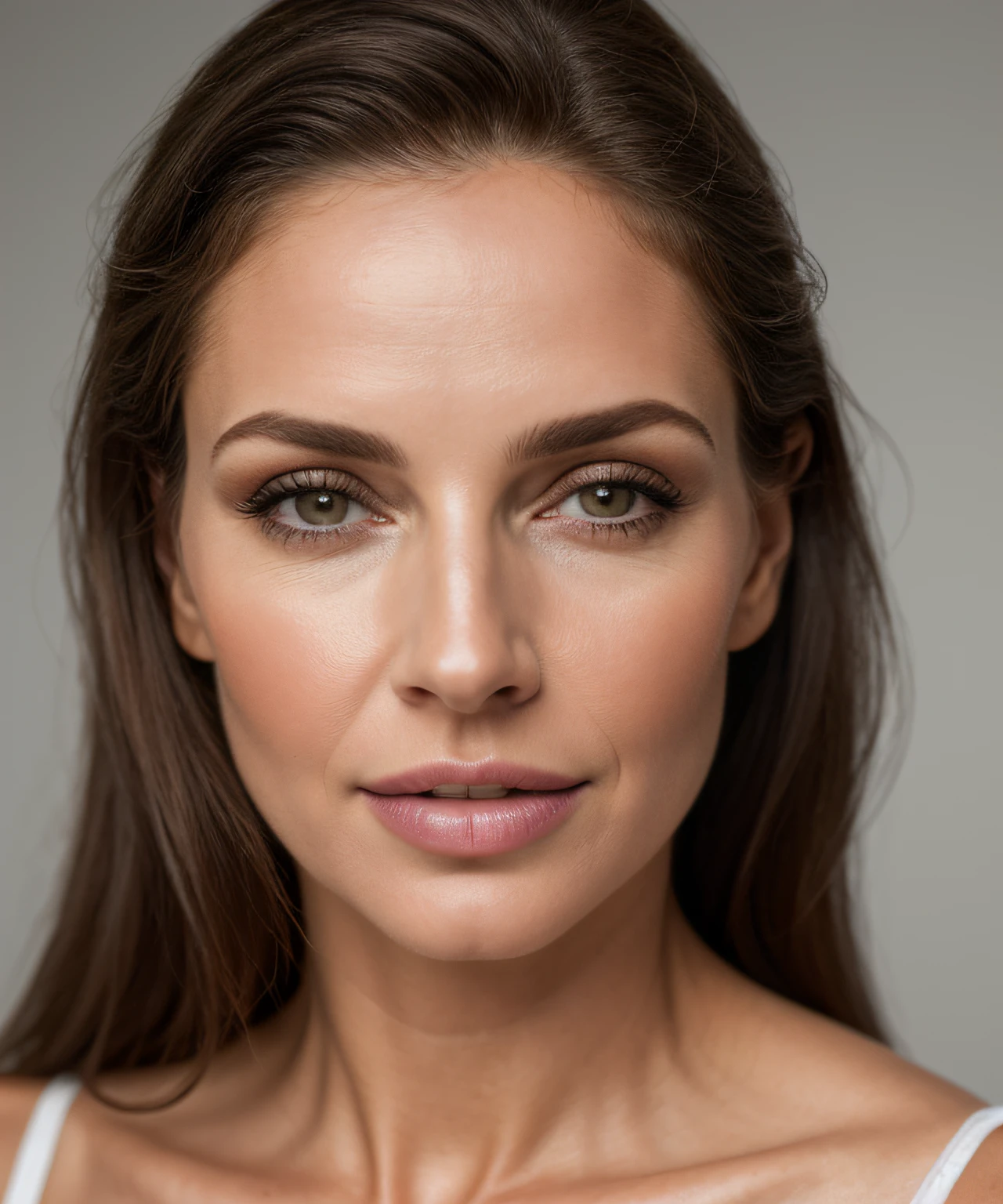 modelo latina de moda 35 anos, [[[[Closeup]]]], [[[[peito]]]], [[[[Neck strap]]]], [[[[ombros]]]], olhos perfeitos, perfect irises, Perfect lips, dentes perfeitos, pele perfeita, luz frontal suave, brilho, HDR, (cores suaves: 1.2)