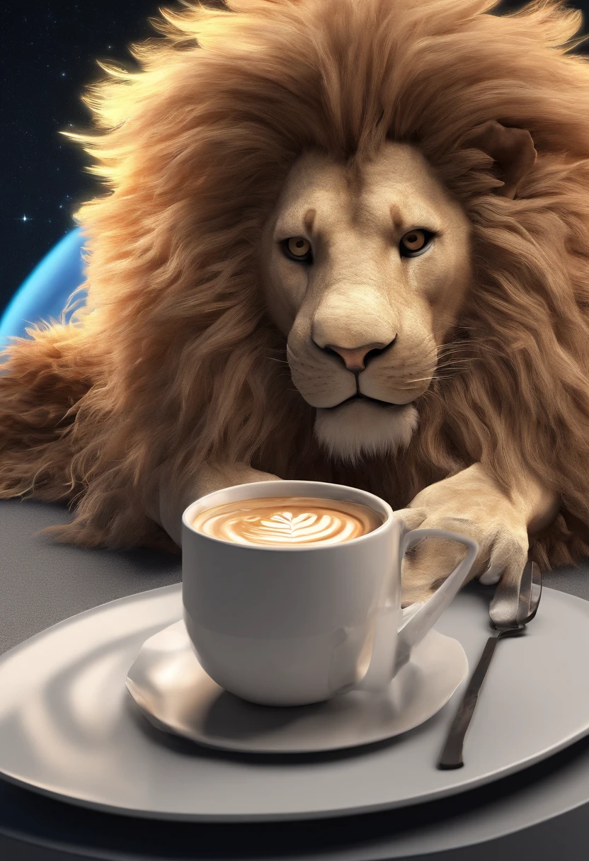 lion drink cofee on the moon