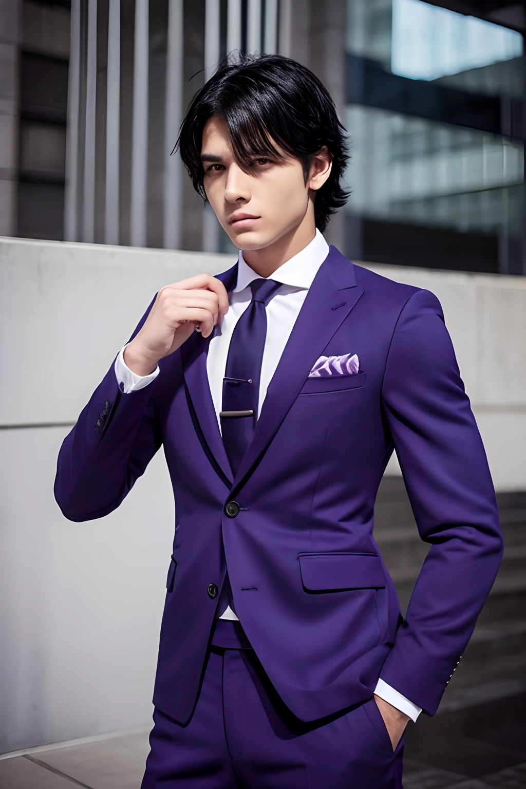 1人,1boys,musculature,Black hair,Purple eyes, Trained, suit