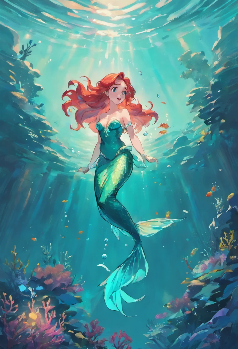 Little mermaid playing with big fish in the ocean, turqouis ocean, illustration style, bright colourful