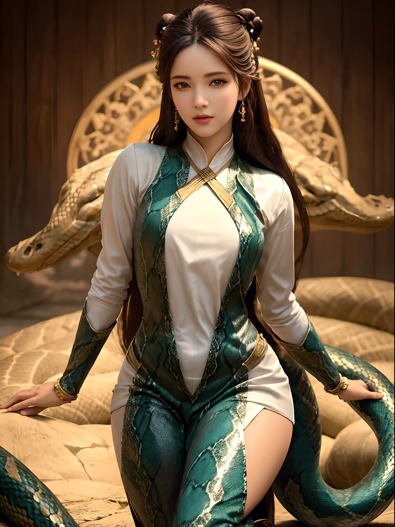 (best quality,4k,8k,highres,masterpiece:1.2),ultra-detailed,(realistic,photorealistic,photo-realistic:1.37),snake woman hybrid,beautiful detailed eyes,beautiful detailed lips,extremely detailed eyes and face,long eyelashes,scales covering the body,slithering movement,serpentine lower body,elegant and graceful posture,mesmerizing gaze,curved fangs,exotic and mesmerizing beauty,dark and mysterious aura,mythical creature,creature of legends,ethereal and otherworldly,iridescent scales,cold-blooded charm,shimmering patterns,alluring skin texture,enchanted forest background,serpent-like hair,seamless integration of woman and snake,secrets of the serpent world,elusive and enigmatic,serpent's hypnotic dance,charmingly dangerous,duality of femininity and serpentine power,wisdom and temptation,beautifully venomous,exotic flora and fauna intertwined,undulating motion,dynamic composition,artistically surreal,unleashing hidden powers,transformation and metamorphosis,unconventional beauty,unique and captivating,meticulously crafted masterpiece,awe-inspiring presence,vivid colors,soft and diffused lighting,impeccable attention to detail,half the girl's body from head to navel and half the snake's body from the hips down