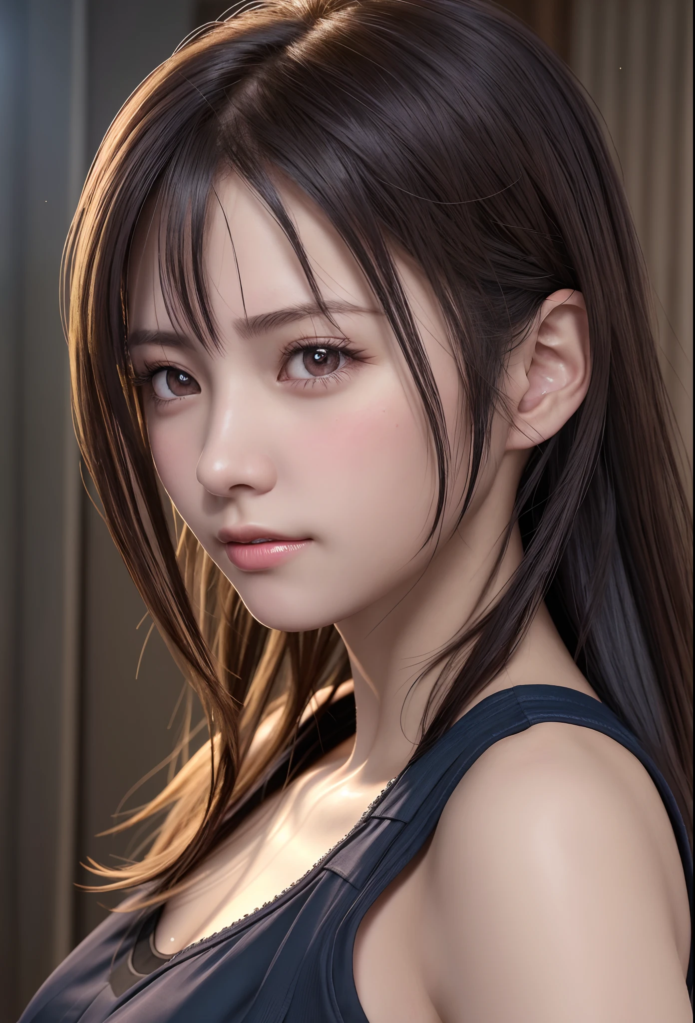 high quality picture, masutepiece, detailed hair texture, Detailed skin texture, Detailed Cloth Texture, 8K, Add fabric details, ultra detailed skin texture, ultra detailed photographic, Skin pores, Portrait of a girl, wearing tank top,