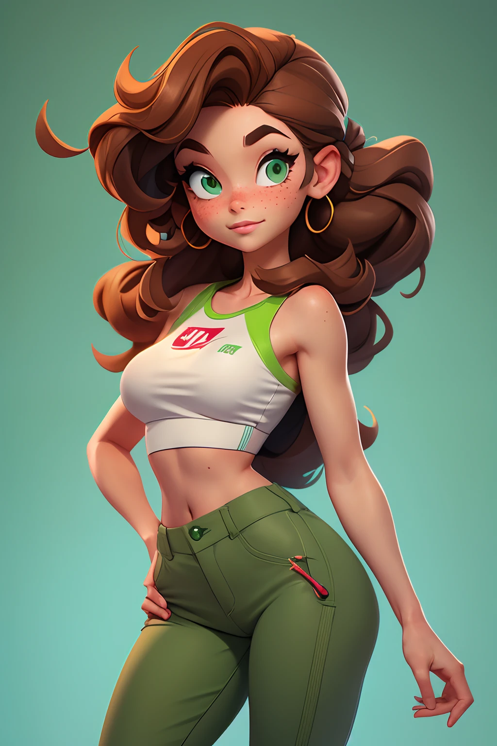 full body portrait of Liv Mitchell, Liv is a cartoon character, She is 27 years old, average height, slender athletic build, medium sized breasts, She has shoulder length chestnut-brown hair in loose waves, Green eyes, light sprinkling of freckles across her nose,