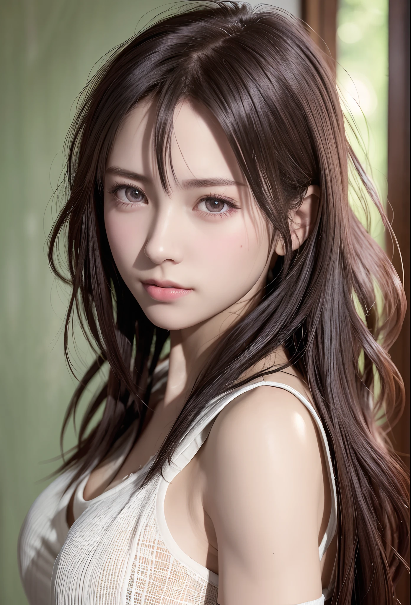 high quality picture, masutepiece, detailed hair texture, Detailed skin texture, Detailed Cloth Texture, 8K, Add fabric details, ultra detailed skin texture, ultra detailed photographic, Skin pores, Portrait of a girl, wearing tank top,