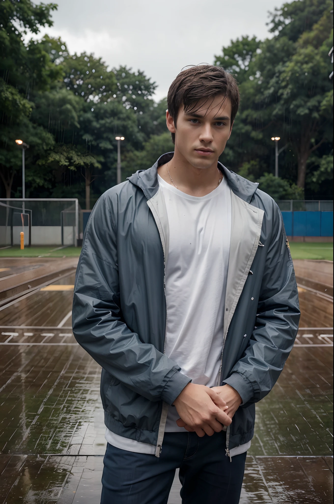 8K,Top quality photorealistic RAW photos on plastic tracks, In the school playground, Heavy rain (High resolution, Distinct_image) Awesome guy, masutepiece, high detailing, Semi-realistic, Man with short brown hair, Brown hair, Short hair, Medium Hair, 18 years old, 年轻, Tall and strong, Darkened coat, Gray-blue clothes, Students, college, Dashing, natural, Handsome, Authoritarian, powerful aura, Exquisite facial features, Facial details, Man Standing On A Huge Playground, The sky is raining heavily, Rain mixed with sweat on man's body, School sports ground, Background is on a plastic track